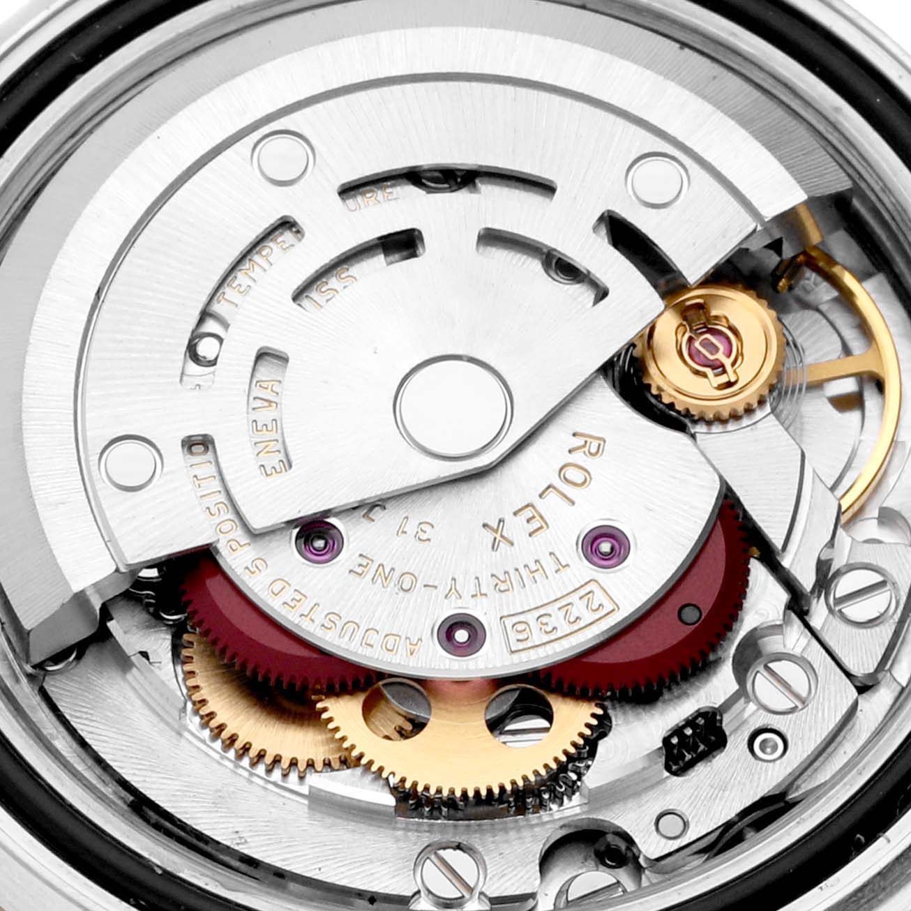 This image shows a close-up of the internal mechanical movement of a Rolex Datejust 279383 Women's Steel and Gold (two tone) Silver Dial 279383 Women's Steel and Gold (two tone) Silver Dial watch.