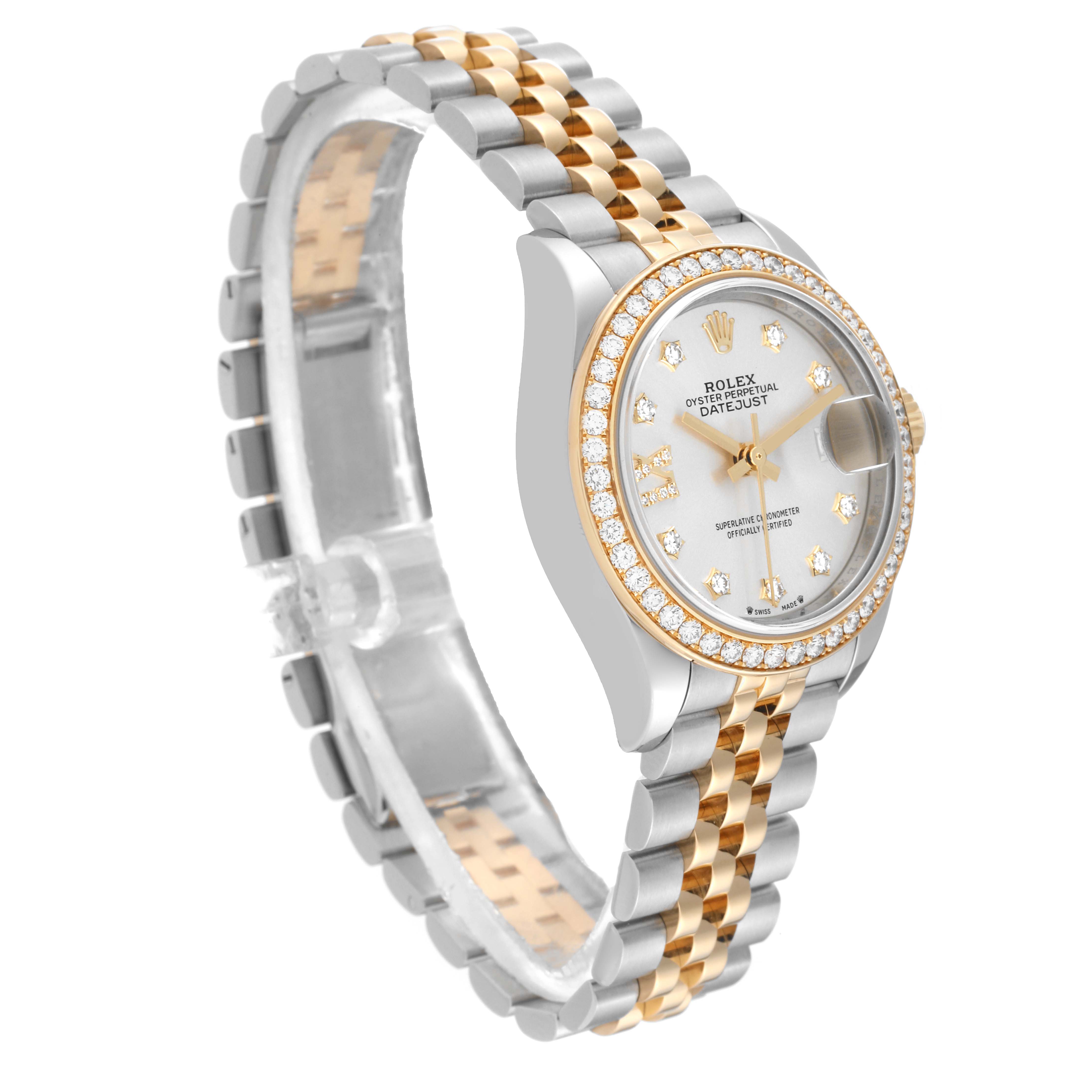 The image shows a side angle of a Rolex Datejust 279383 Women's Steel and Gold (two tone) Silver Dial 279383 Women's Steel and Gold (two tone) Silver Dial watch, highlighting its two-tone bracelet, bezel, and dial.