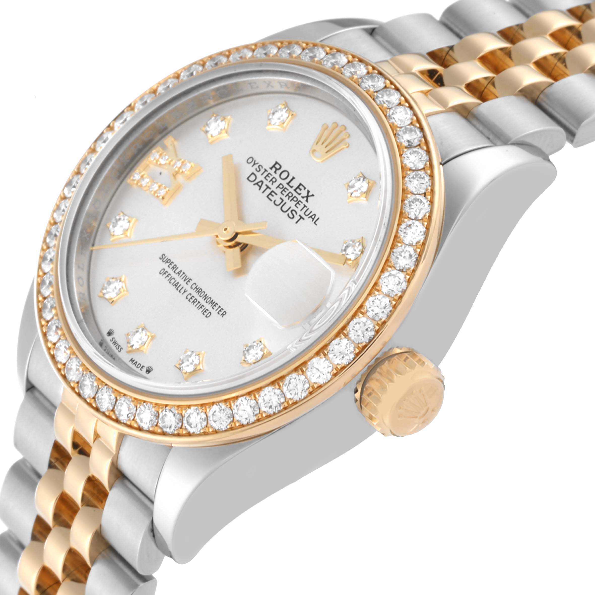 This image shows a side angle of the Rolex Datejust 279383 Women's Steel and Gold (two tone) Silver Dial 279383 Women's Steel and Gold (two tone) Silver Dial watch, highlighting its diamond-studded bezel, crown, and part of the bracelet.
