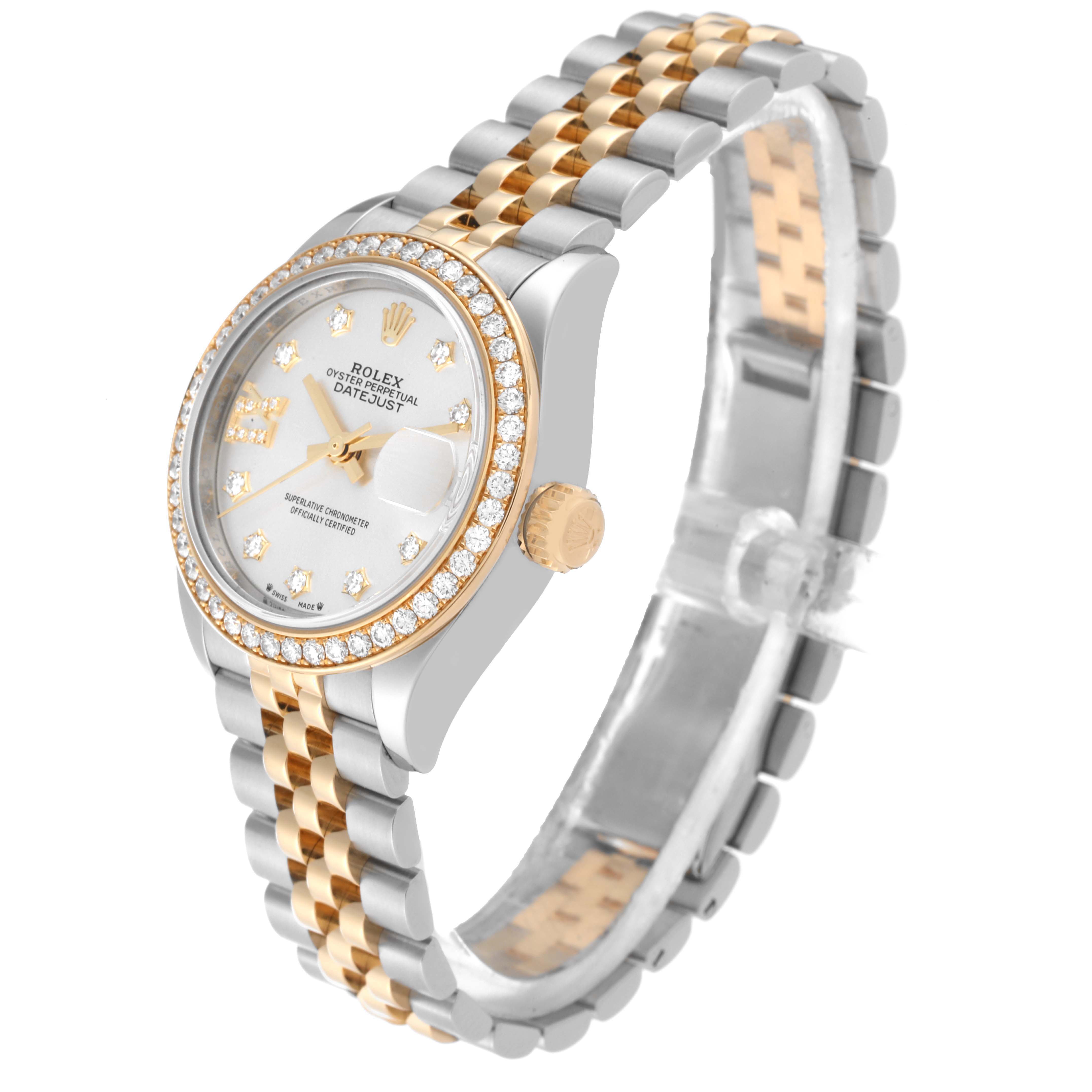 The image shows a Rolex Datejust 279383 Women's Steel and Gold (two tone) Silver Dial 279383 Women's Steel and Gold (two tone) Silver Dial watch at an angled side view, highlighting its dial, bracelet, crown, and diamond-set bezel.