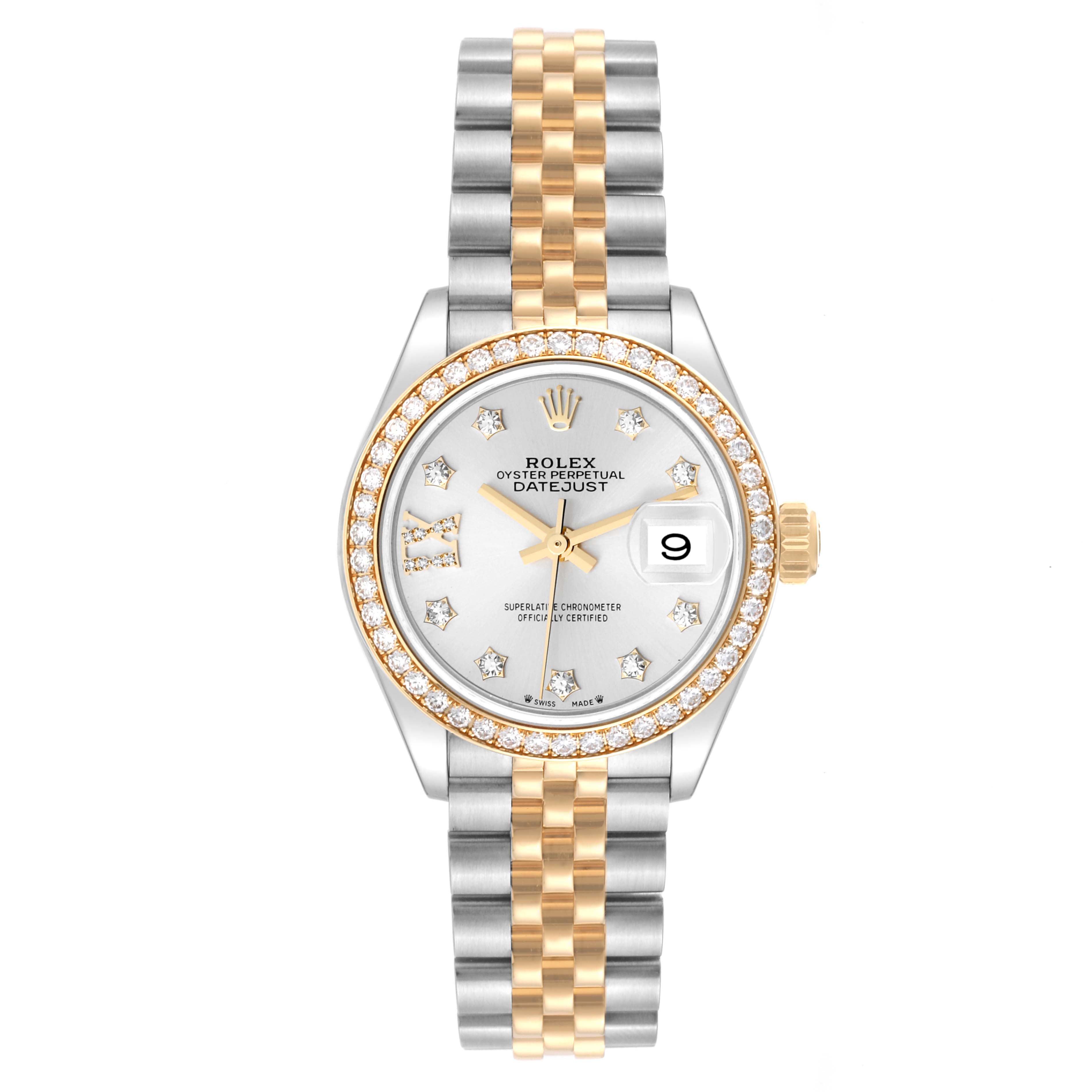 This image shows a Rolex Datejust 279383 Women's Steel and Gold (two tone) Silver Dial 279383 Women's Steel and Gold (two tone) Silver Dial watch from a front angle, highlighting its face, bezel, and two-tone bracelet.