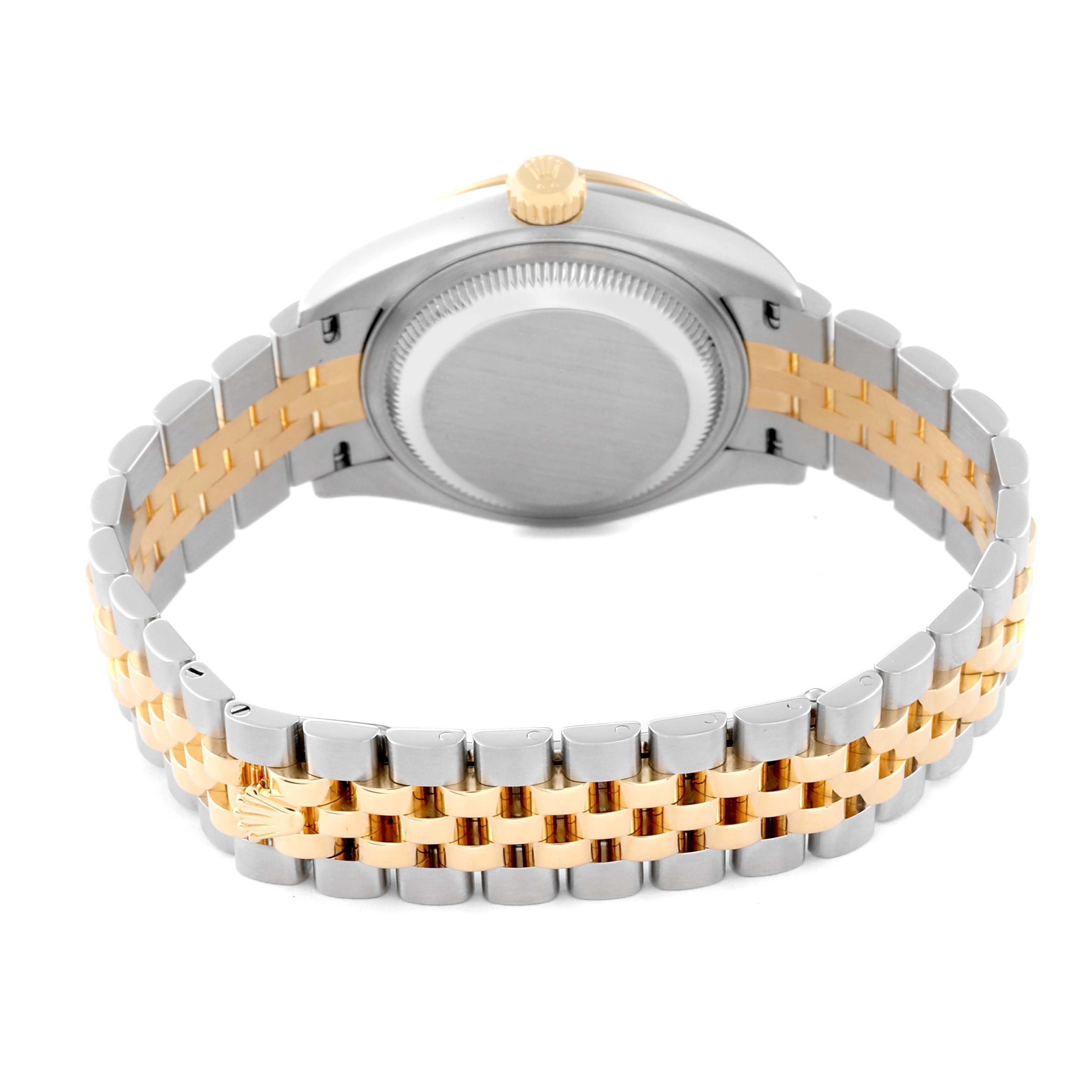 The image shows the back of a Rolex Datejust 279383 Women's Steel and Gold (two tone) Silver Dial 279383 Women's Steel and Gold (two tone) Silver Dial watch and its two-tone gold and stainless steel jubilee bracelet.