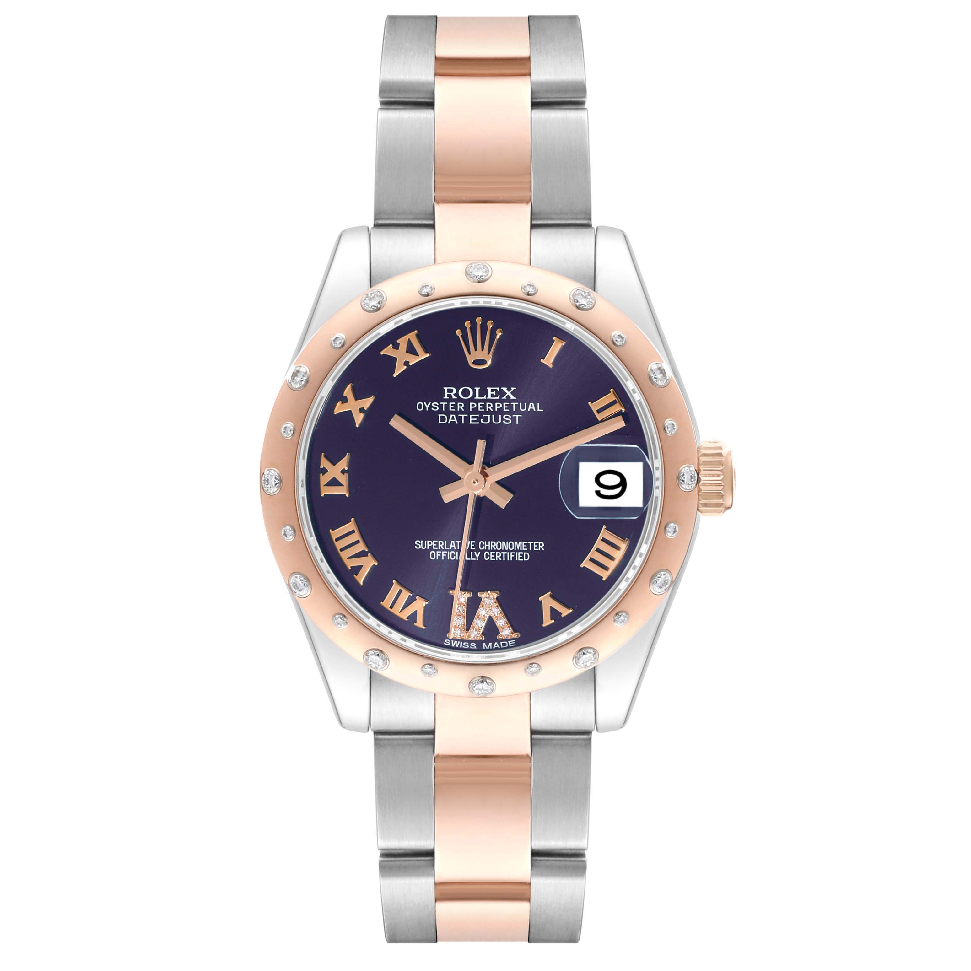 This is a front view of a Rolex Mid-Size 178341 Women's Steel and Gold (two tone) Purple Dial 178341 Women's Steel and Gold (two tone) Purple Dial Datejust watch showing the dial, bezel, and stainless steel and rose gold bracelet.