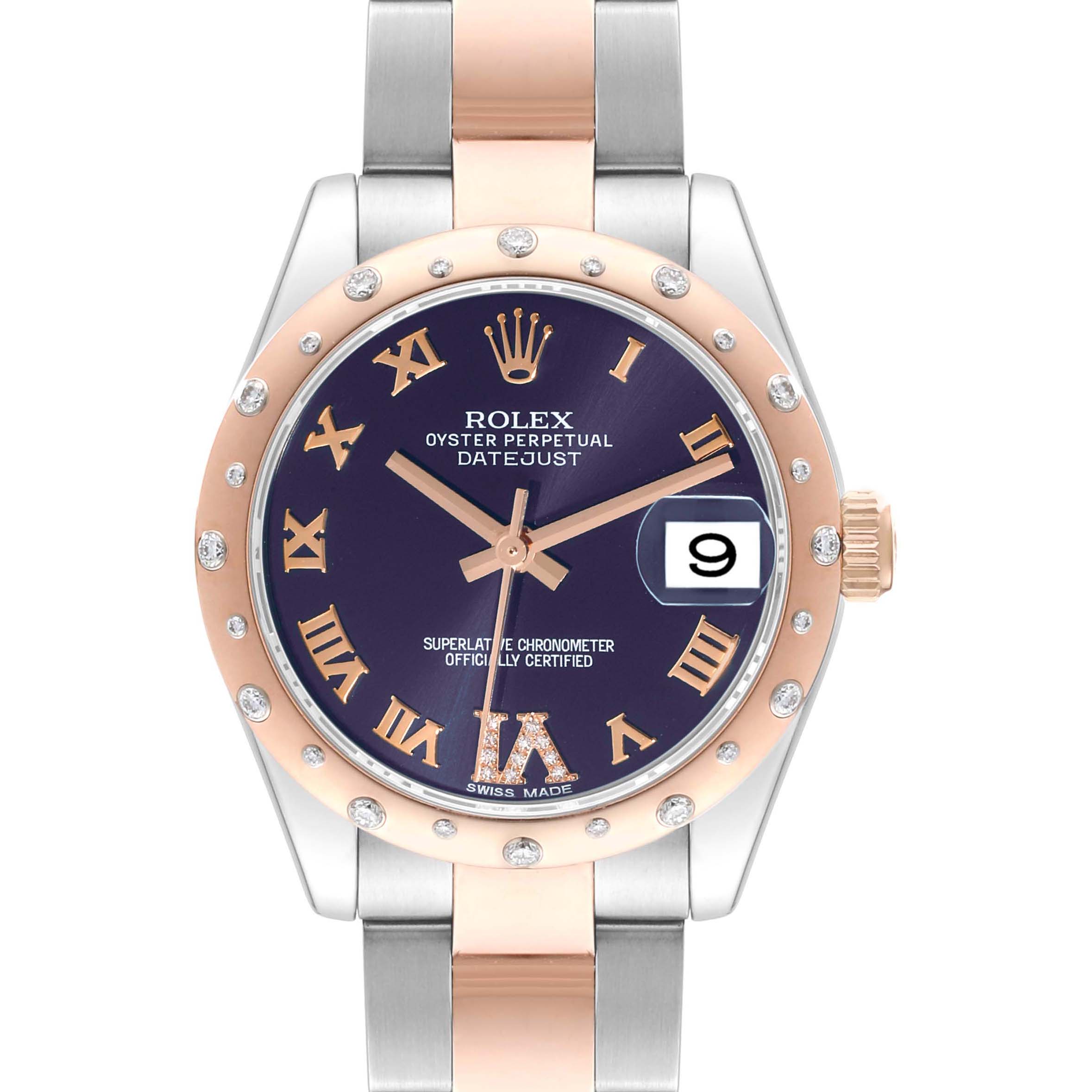 The image shows a Rolex Mid-Size 178341 Women's Steel and Gold (two tone) Purple Dial 178341 Women's Steel and Gold (two tone) Purple Dial Oyster Perpetual Datejust watch from a front view, highlighting the dial, bezel, and bracelet.