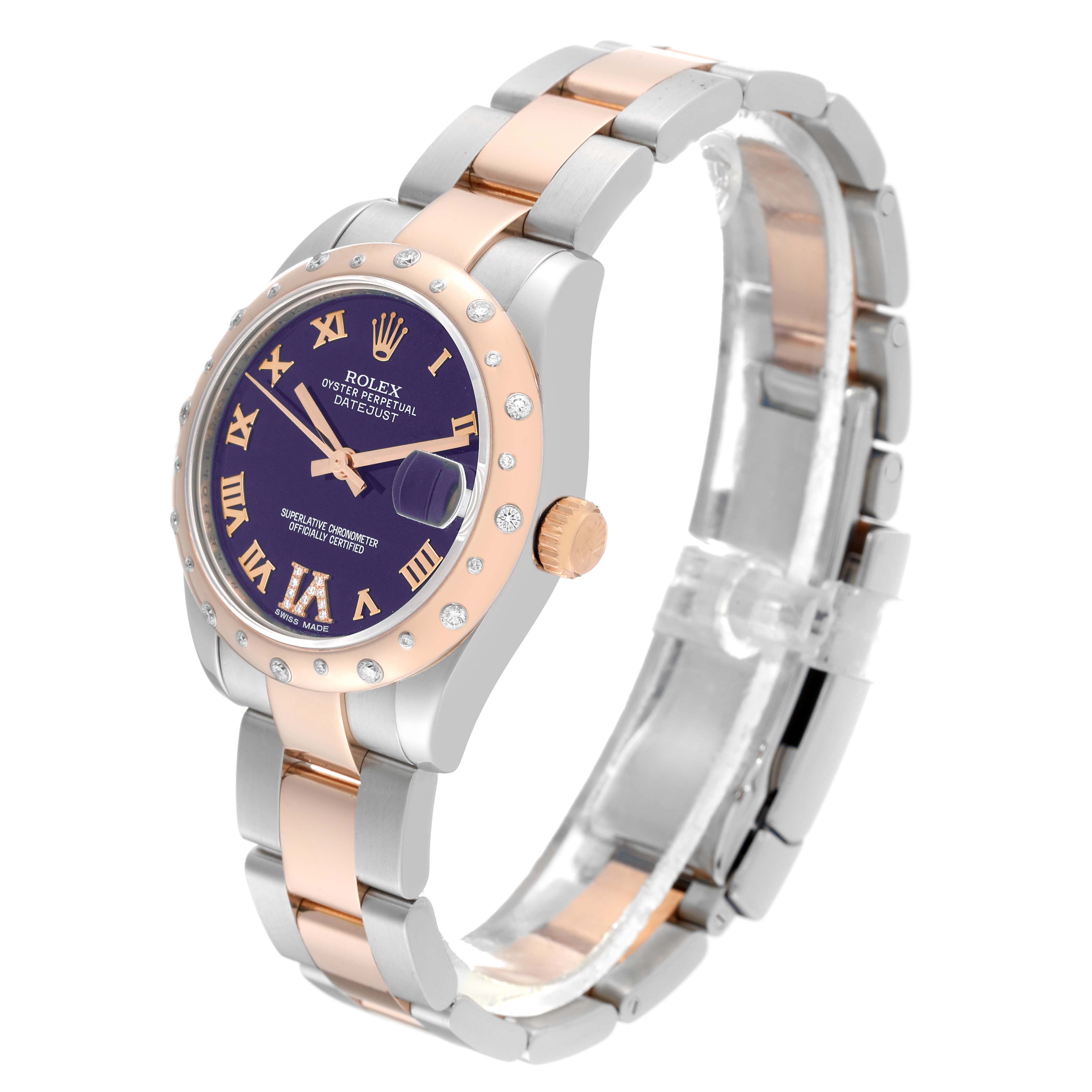 This image shows a side-angle view of the Rolex Mid-Size 178341 Women's Steel and Gold (two tone) Purple Dial 178341 Women's Steel and Gold (two tone) Purple Dial Datejust watch, highlighting the bracelet, bezel, and dial.