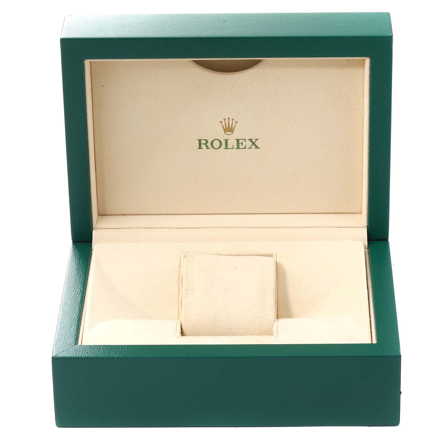 This image shows an open Rolex watch box, likely used for a Mid-Size model, revealing the interior and cushion.