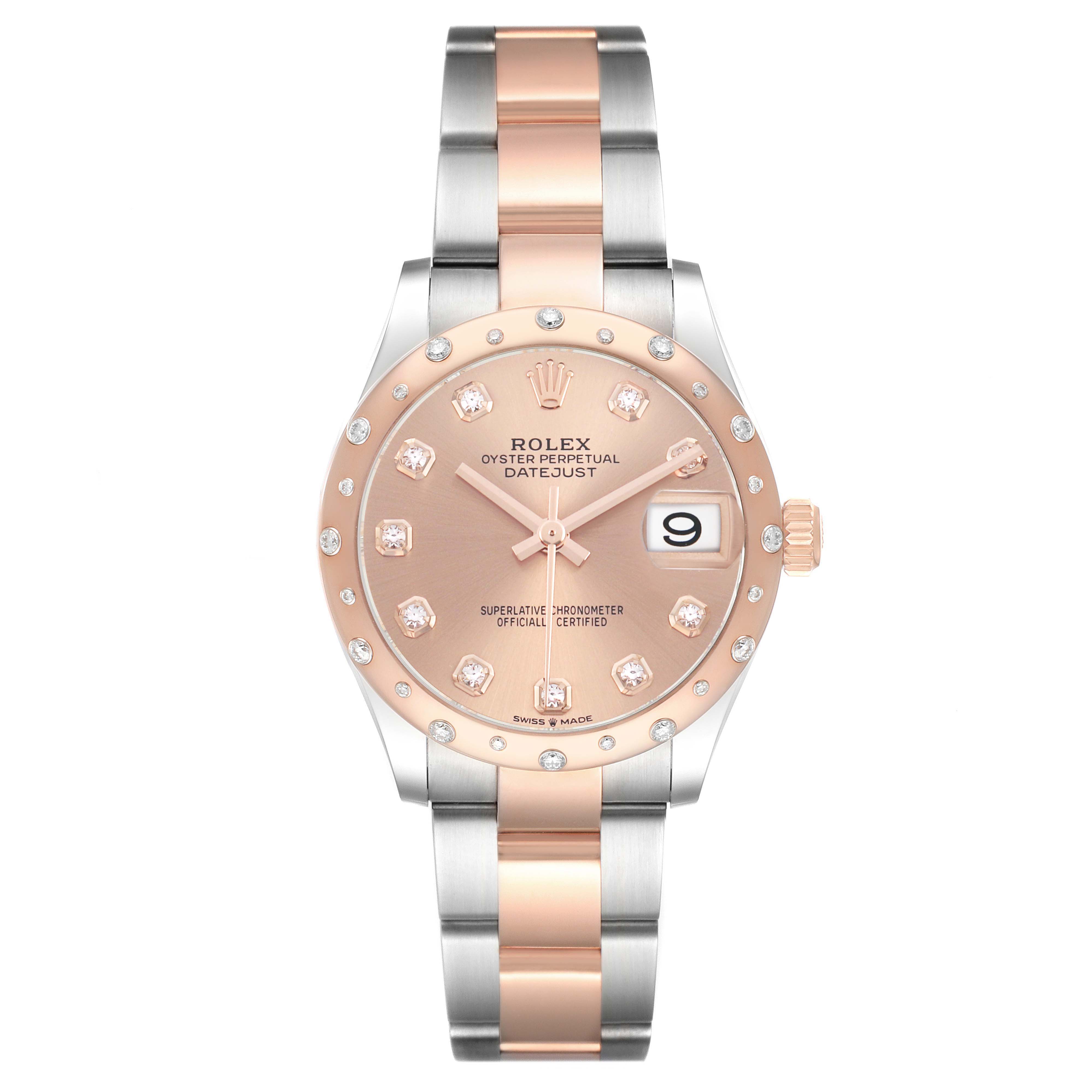 The Rolex Mid-Size 278341RBR Women's Stainless Steel Pink Dial watch is shown from a top view, displaying its dial, bezel, bracelet, and date window.