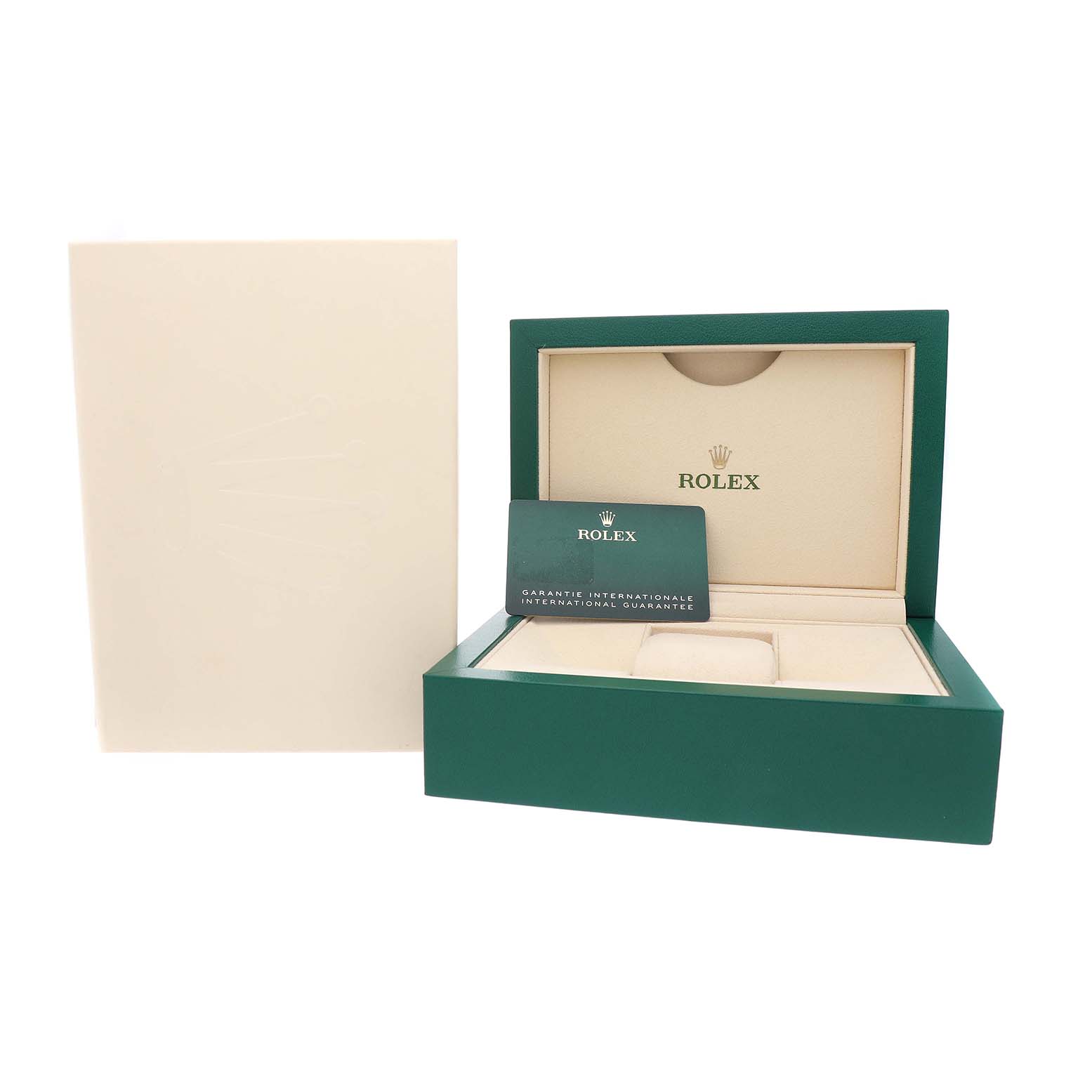The image shows a Rolex Mid-Size 278341RBR Women's Stainless Steel Pink Dial model watch box with an international guarantee card, viewed from the front.