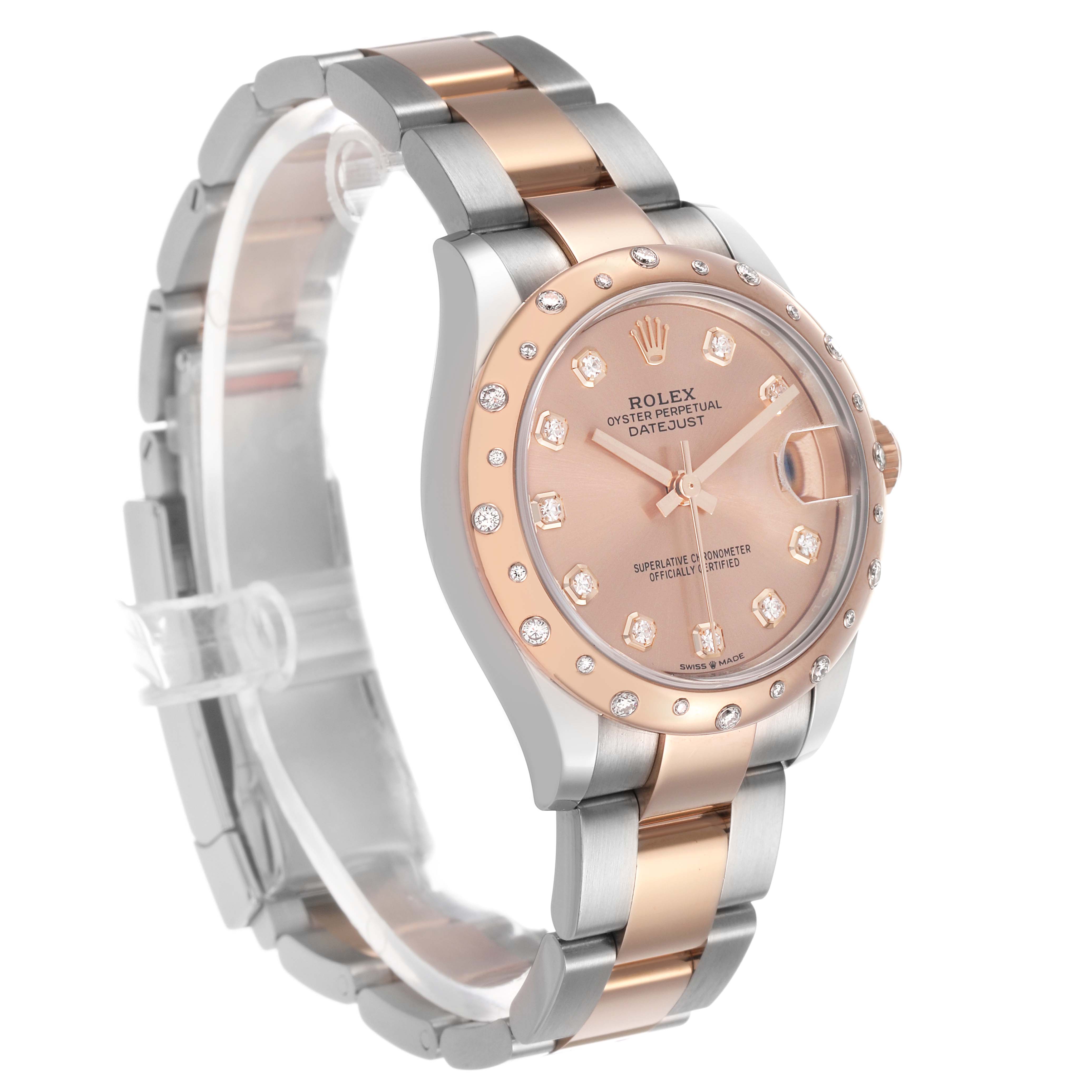 The Rolex Mid-Size 278341RBR Women's Stainless Steel Pink Dial model watch is shown at a three-quarter angle, highlighting the face, bezel, and bracelet.