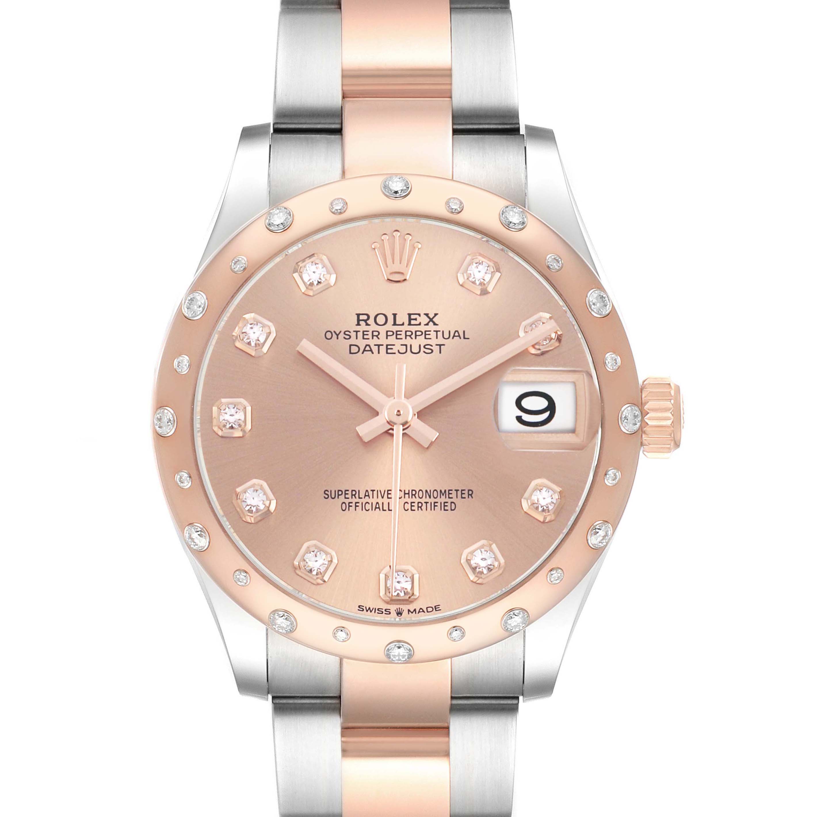 The Rolex Datejust Mid-Size watch is shown from the front, displaying the dial, bezel, and part of the bracelet.