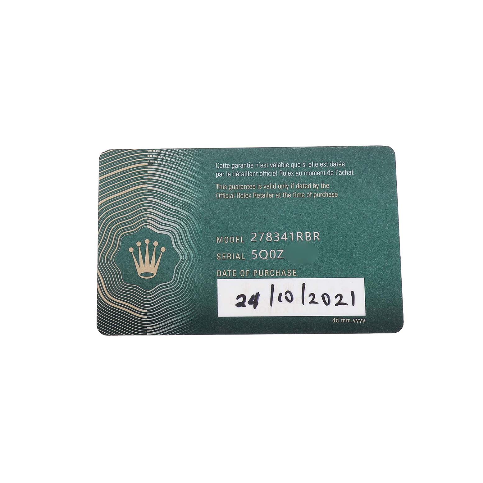 The image shows a warranty card for a Rolex Mid-Size 278341RBR Women's Stainless Steel Pink Dial model 278341RBR, displaying model, serial number, and purchase date.