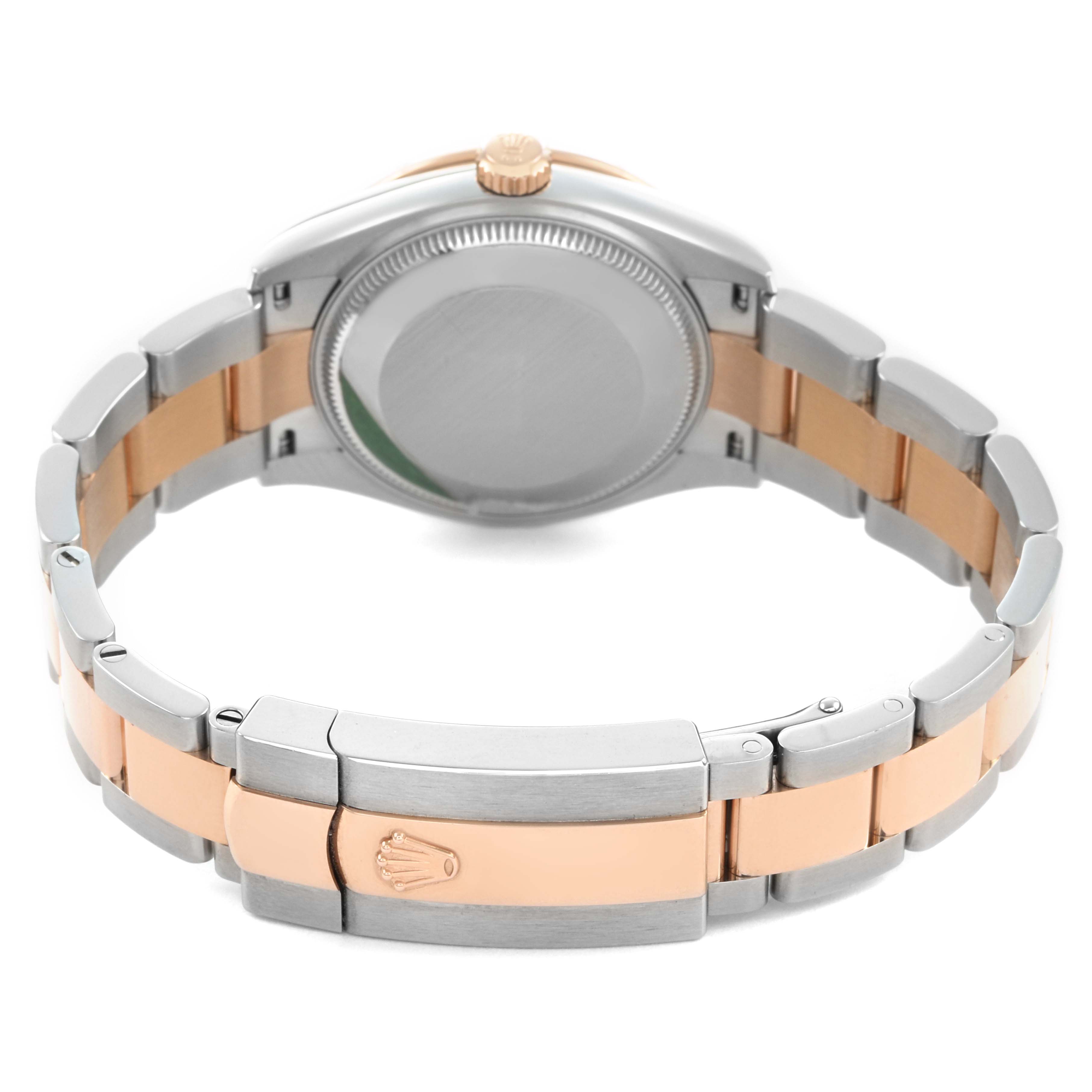 The image shows the back of a Rolex Mid-Size 278341RBR Women's Stainless Steel Pink Dial watch with a focus on the case, crown, and the two-tone bracelet clasp.