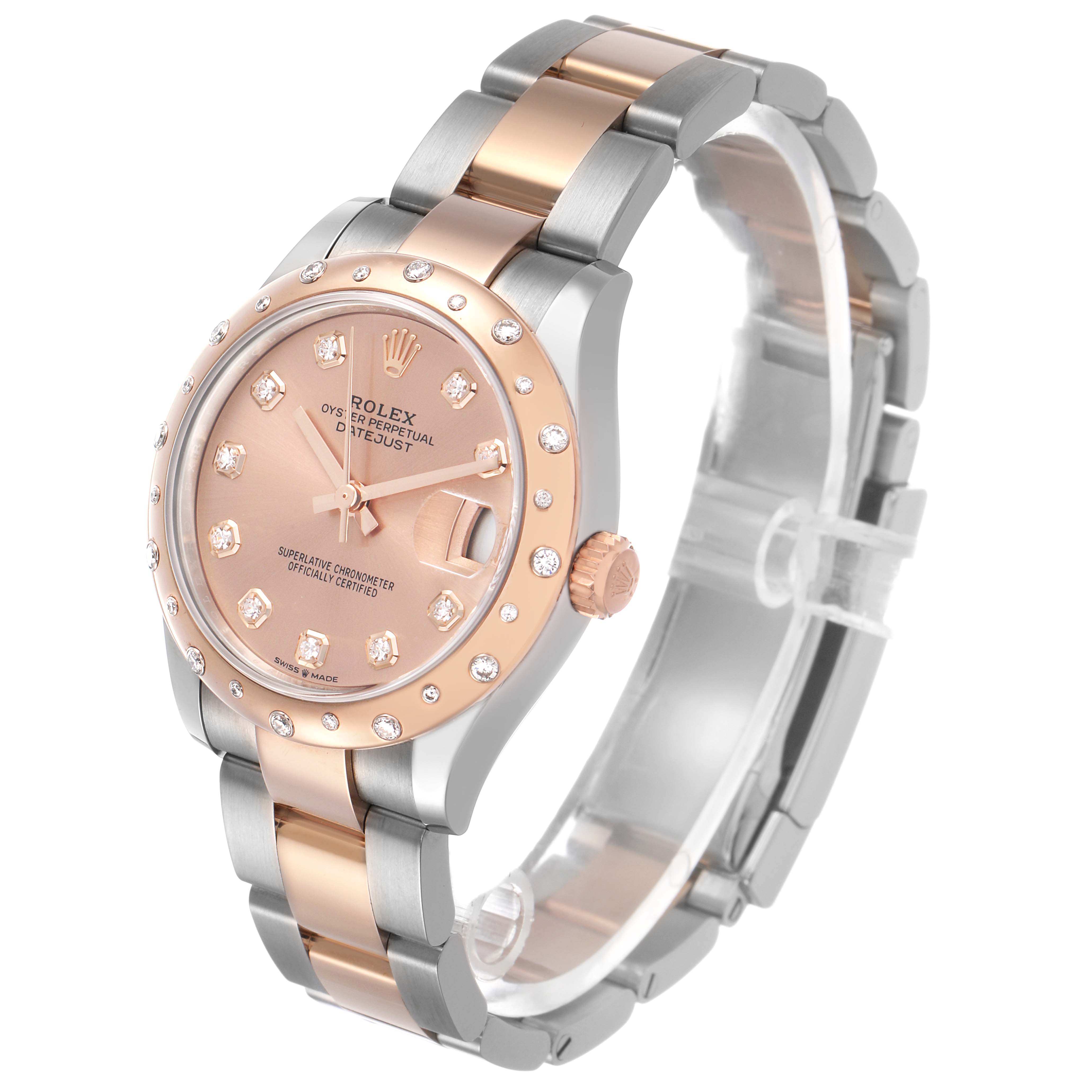 The Rolex Mid-Size 278341RBR Women's Stainless Steel Pink Dial model is shown at an angle highlighting the rose gold and silver bracelet, dial, and bezel with diamond markers.