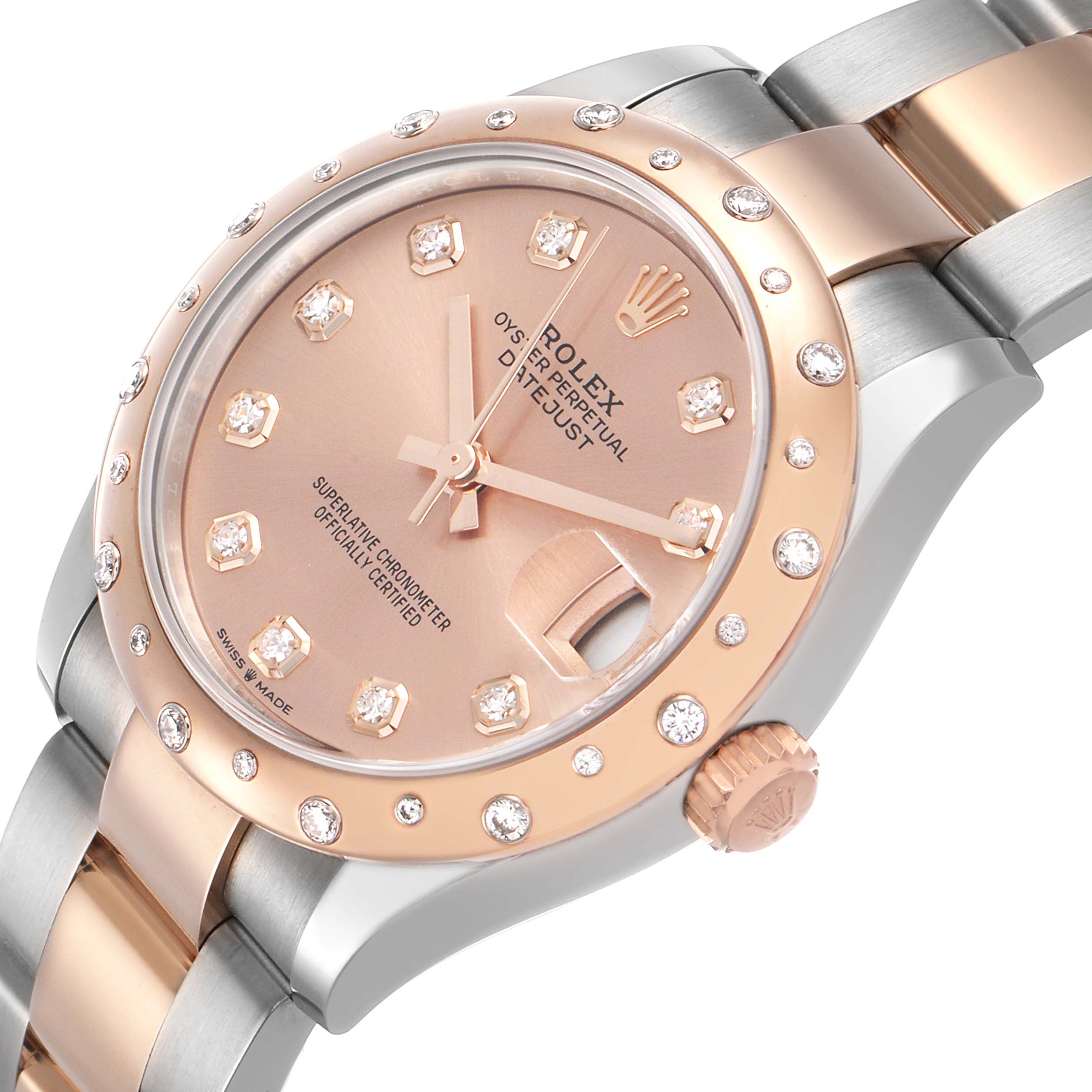 The Rolex Mid-Size 278341RBR Women's Stainless Steel Pink Dial watch is shown at an angled view, displaying the dial, bezel with diamonds, and part of the bracelet.