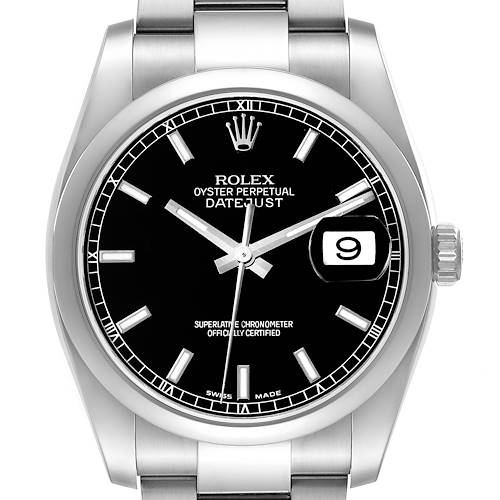 The image shows a front view of a Rolex Datejust watch, displaying its black dial, date window, and stainless steel bracelet.