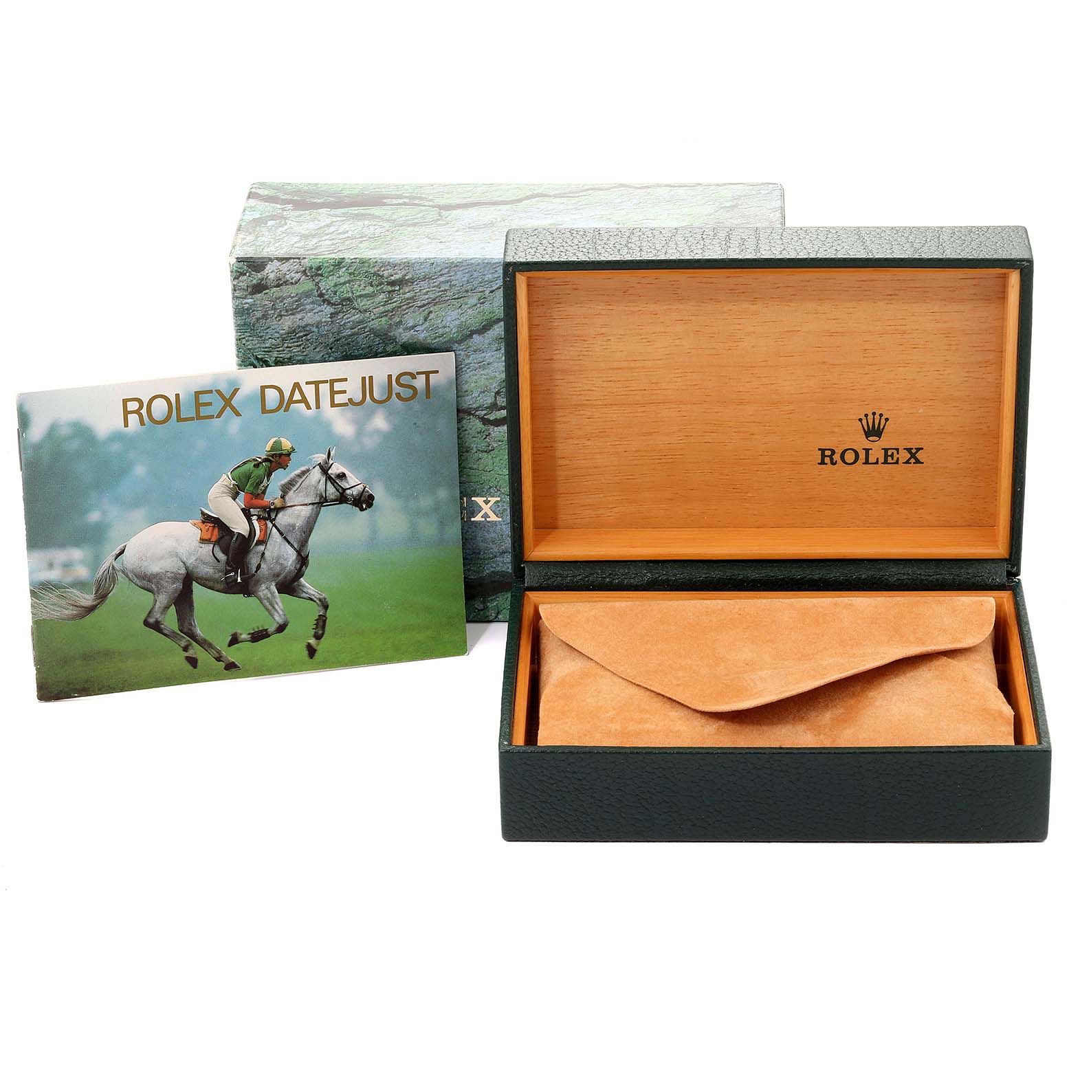 The image shows a Rolex Datejust 16220 Men
s Stainless Steel Black Dial 16220 Men
s Stainless Steel Black Dial watch box, with a beige pouch inside, booklet on the left, and outer green box in the background.