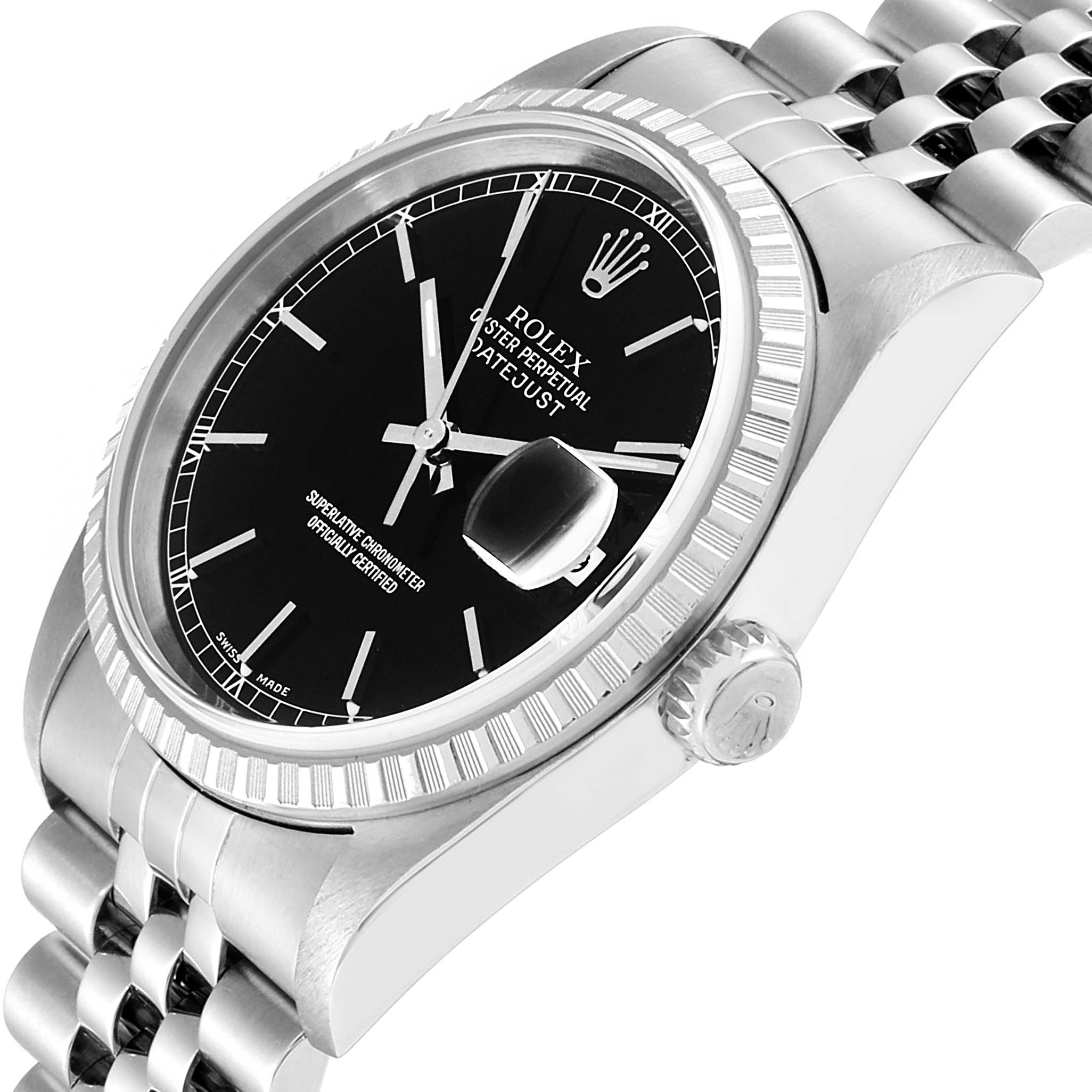The image shows a Rolex Datejust 16220 Men
s Stainless Steel Black Dial 16220 Men
s Stainless Steel Black Dial watch from a three-quarter angle, highlighting the black dial, fluted bezel, and jubilee bracelet.