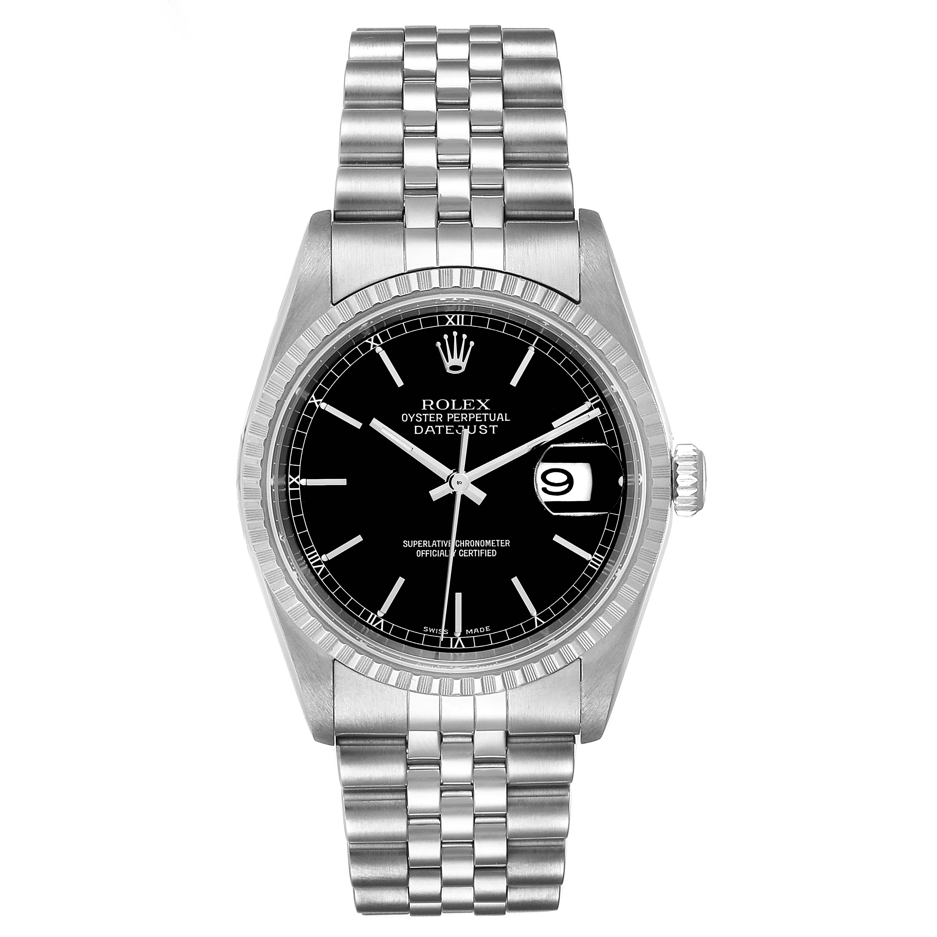 This image shows a Rolex Datejust 16220 Men
s Stainless Steel Black Dial 16220 Men
s Stainless Steel Black Dial model watch from a frontal angle, displaying its face, bezel, and bracelet.