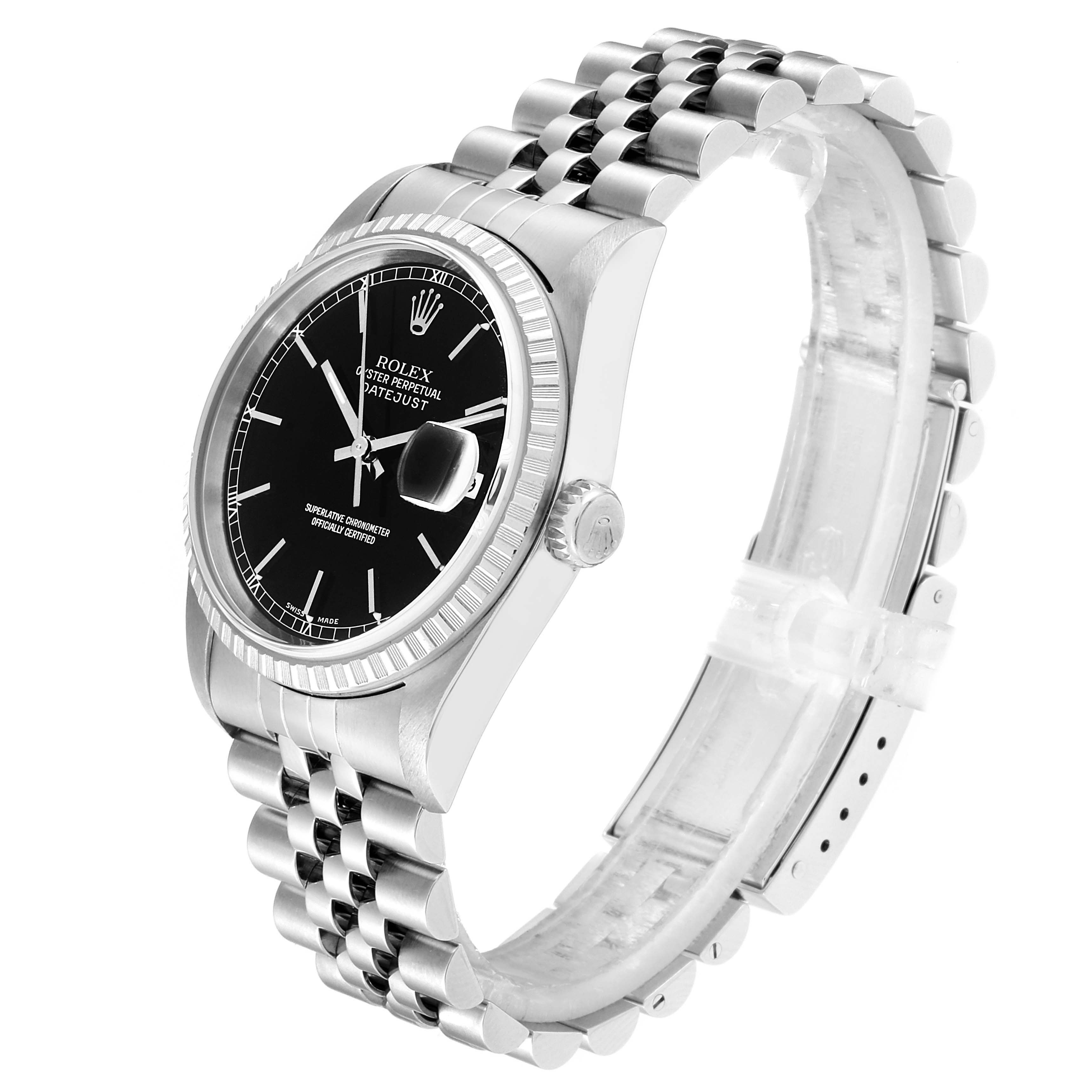 The Rolex Datejust 16220 Men
s Stainless Steel Black Dial 16220 Men
s Stainless Steel Black Dial watch is shown at a three-quarter angle, displaying the face, bezel, crown, and bracelet.