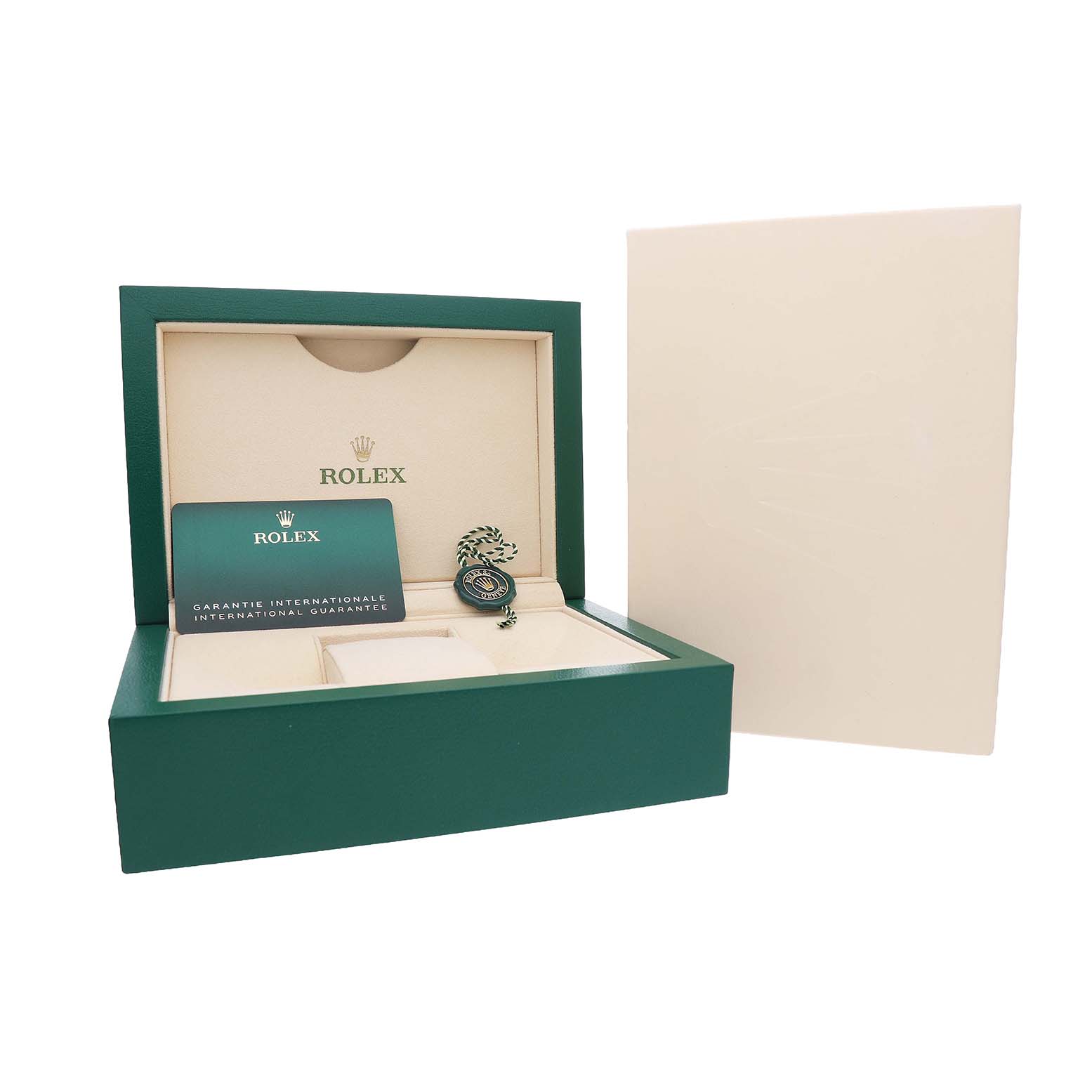 The image shows the packaging for the Rolex Datejust 41 126300 Men's Stainless Steel Green Dial, including the box, warranty card, and tag.