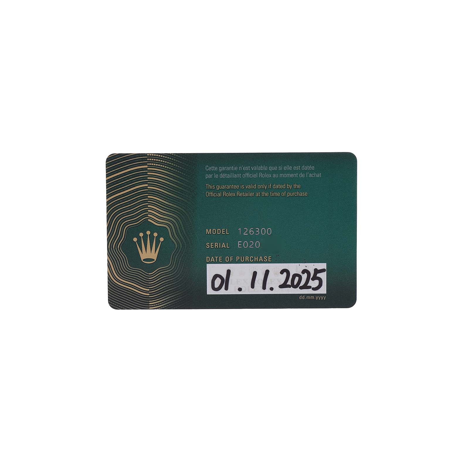 The image shows a guarantee card for the Rolex Datejust 41 126300 Men's Stainless Steel Green Dial model.