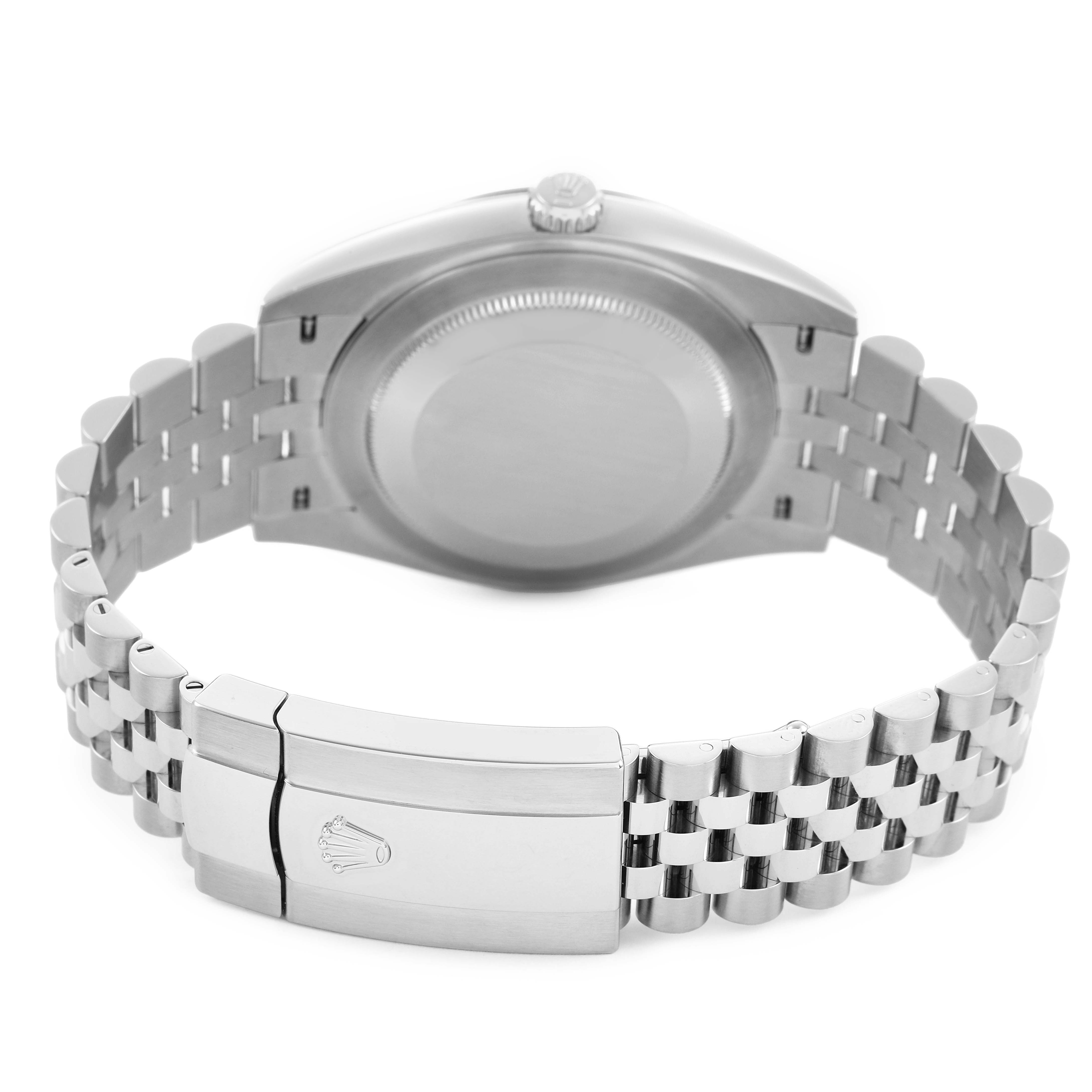 The image shows the back view of a Rolex Datejust 41 126300 Men's Stainless Steel Green Dial, highlighting the case back and Jubilee bracelet with the clasp.