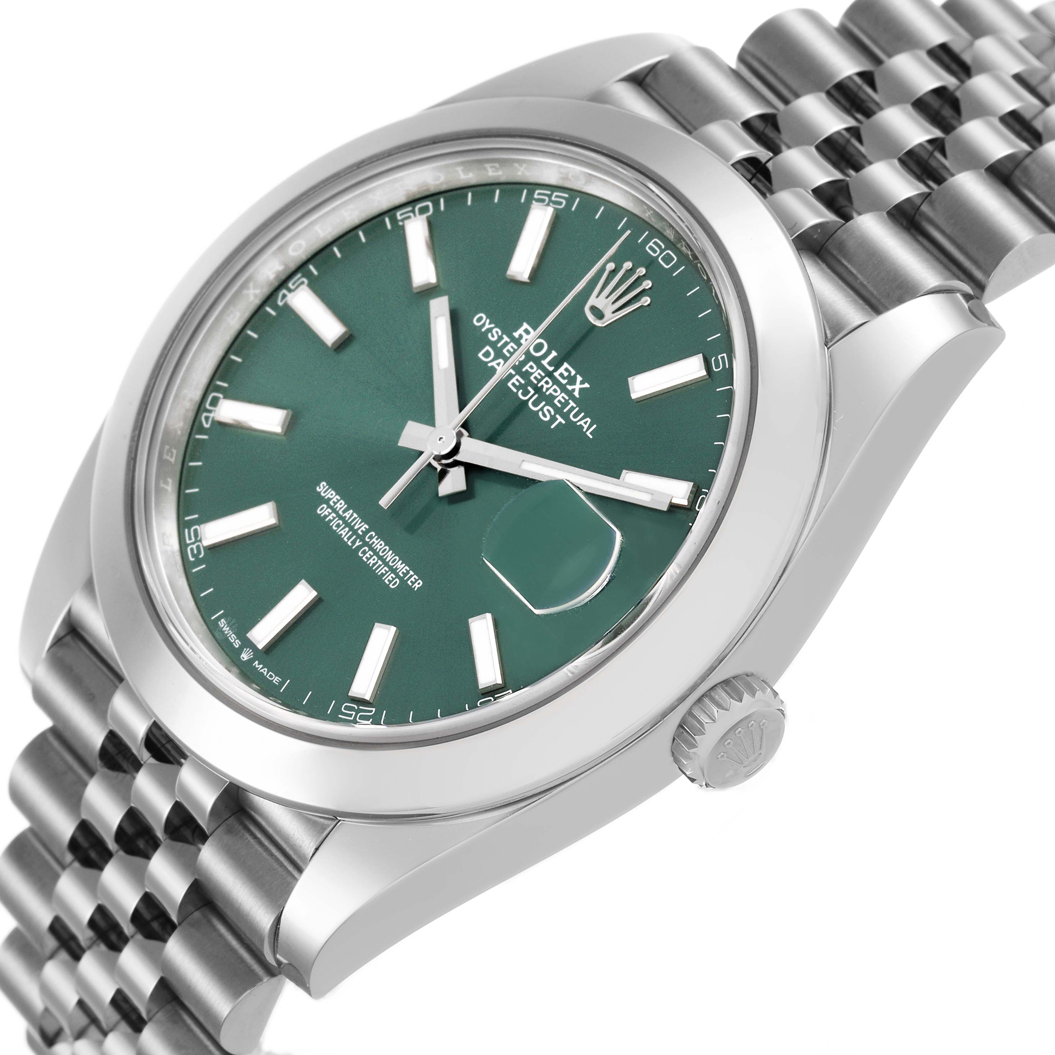 The Rolex Datejust 41 126300 Men's Stainless Steel Green Dial is shown from a slight side angle, featuring the face, crown, and part of the bracelet.