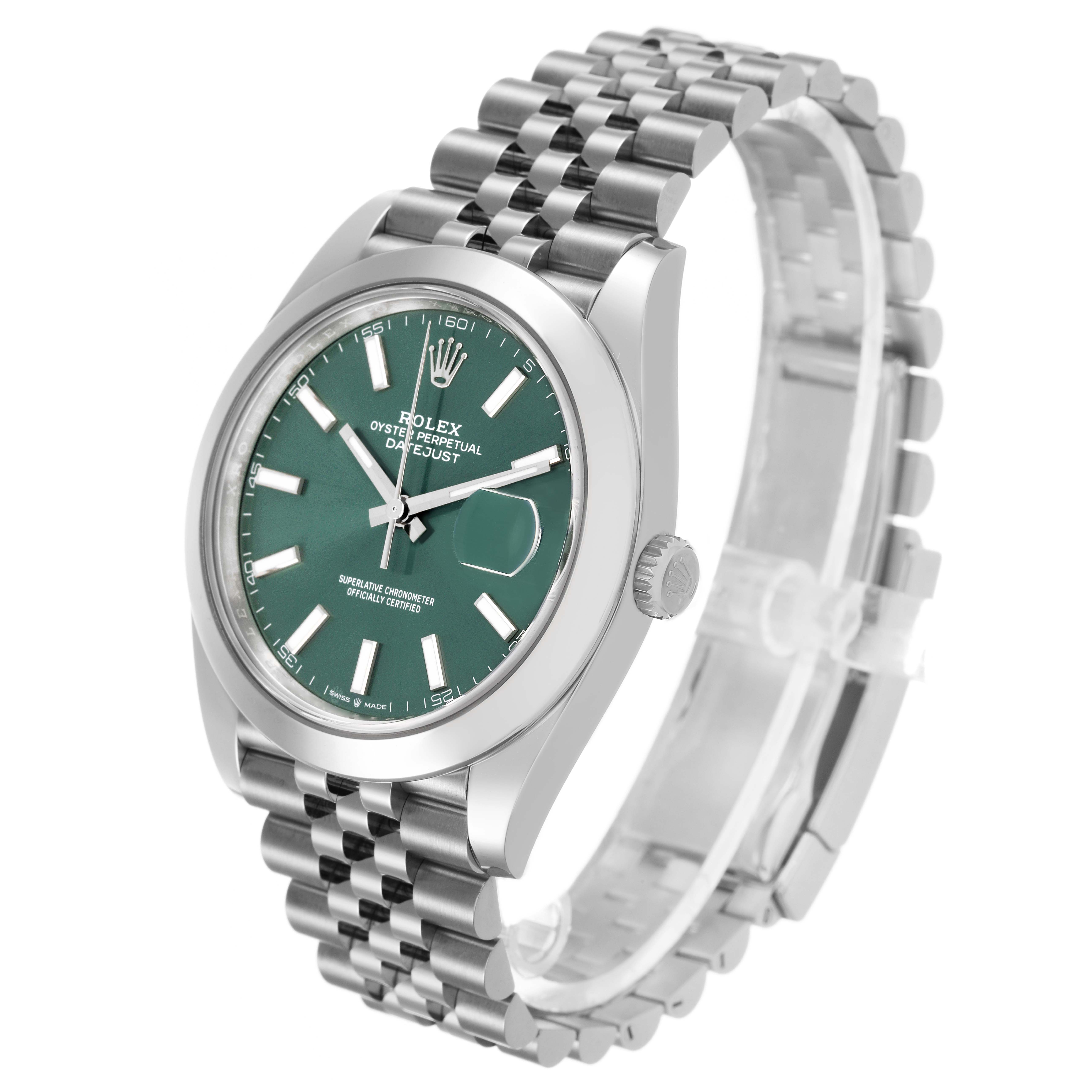 The Rolex Datejust 41 126300 Men's Stainless Steel Green Dial watch is shown at a side angle, highlighting the dial, bezel, and jubilee bracelet.