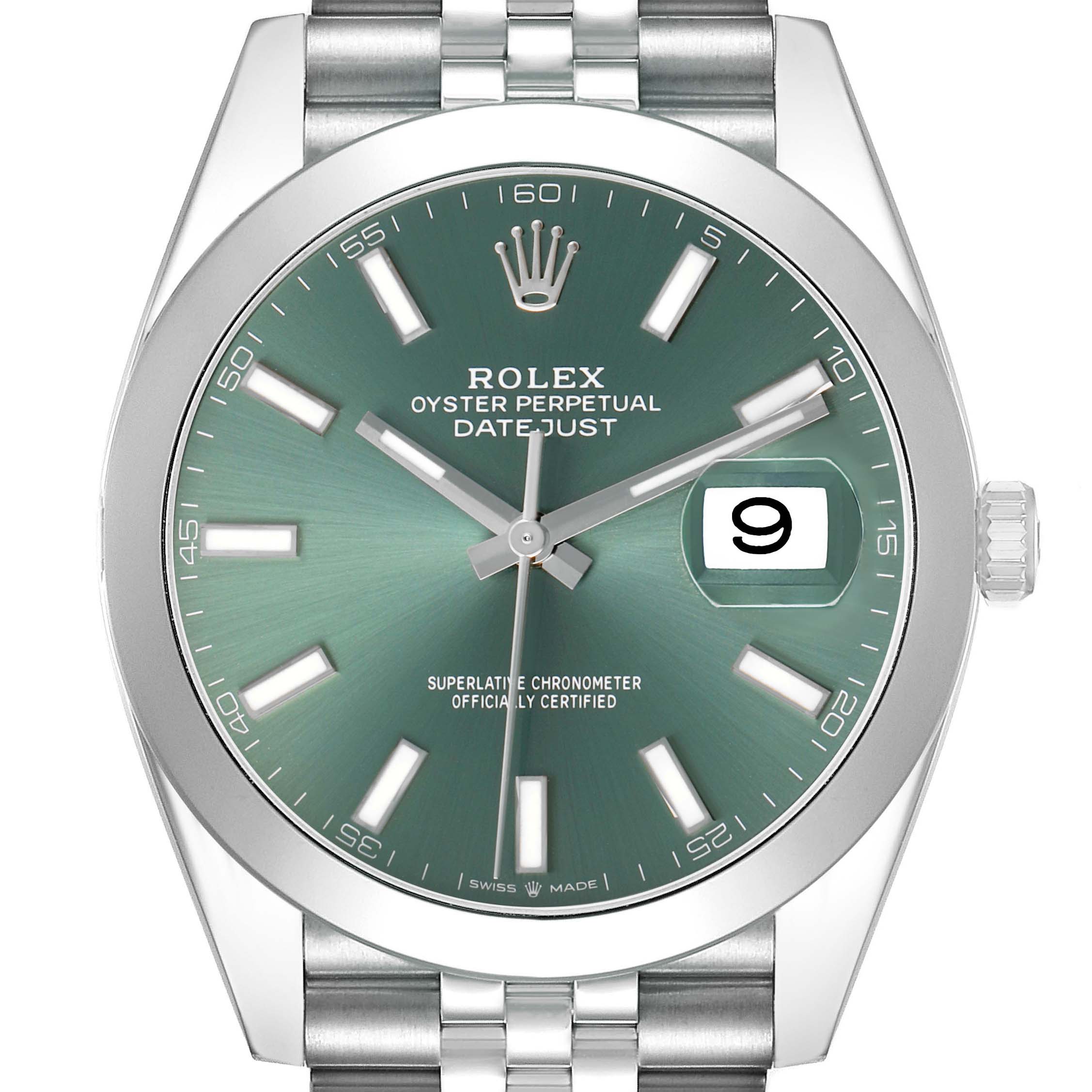 The image shows a front view of the Rolex Datejust 41 126300 Men's Stainless Steel Green Dial watch, highlighting the green dial, date window, and stainless steel bracelet.