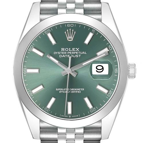 The Rolex Datejust 41 126300 Men's Stainless Steel Green Dial is shown from the front, highlighting the green dial, date window, hour markers, and bracelet.