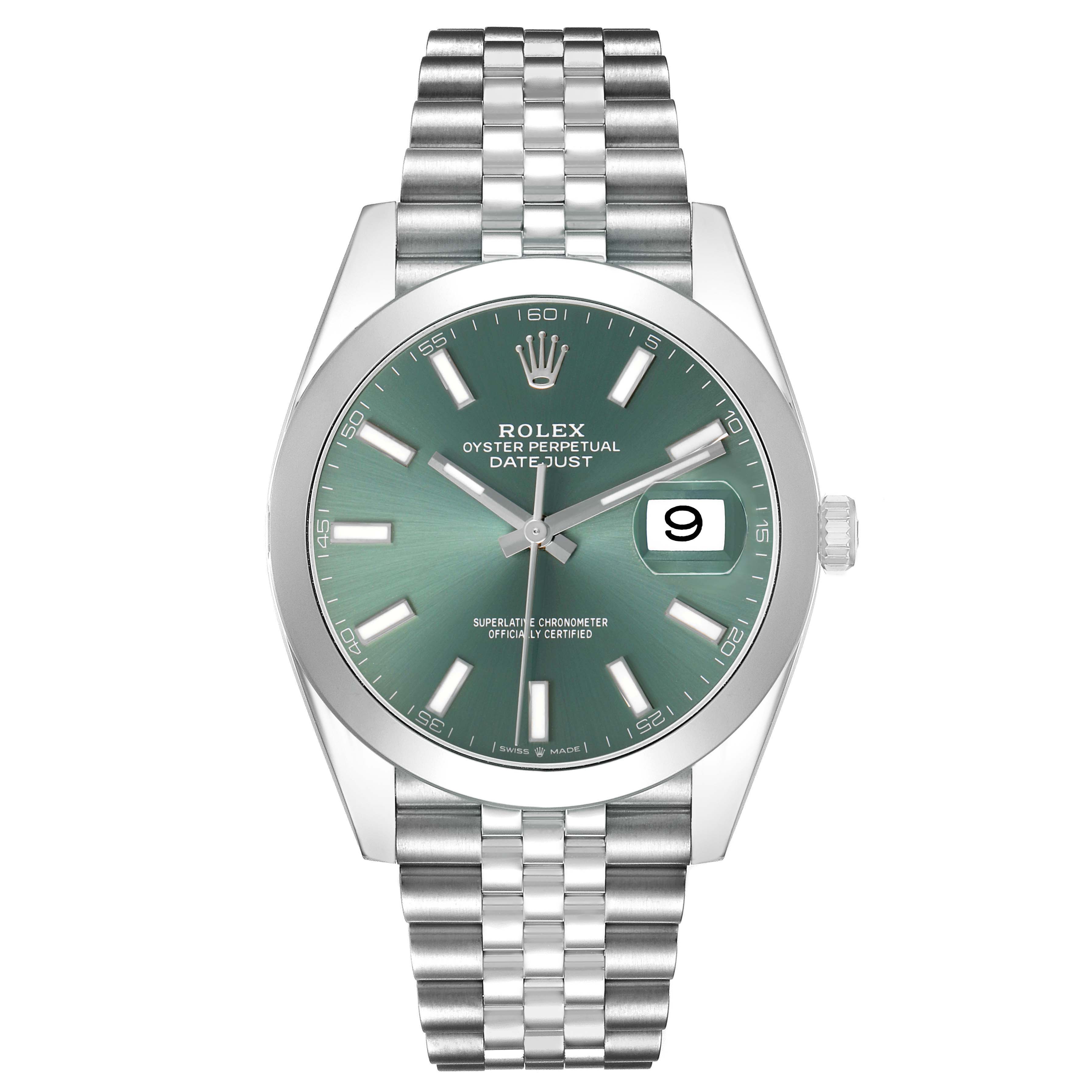 The Rolex Datejust 41 126300 Men's Stainless Steel Green Dial is shown from a front view, displaying its entire face, bezel, and bracelet.