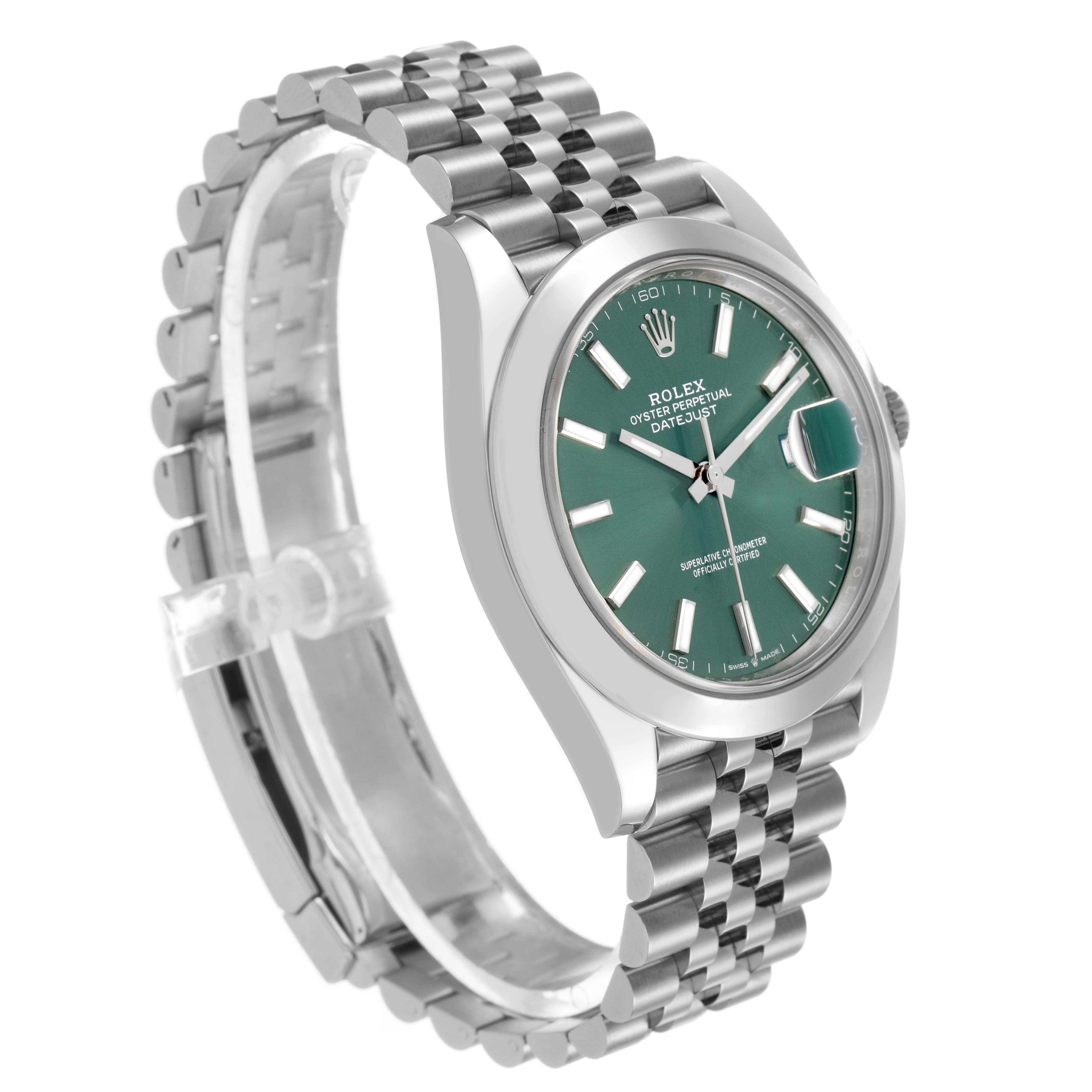 The Rolex Datejust 41 126300 Men's Stainless Steel Green Dial is shown at a slight angle, highlighting the green dial, jubilee bracelet, case, and part of the clasp.