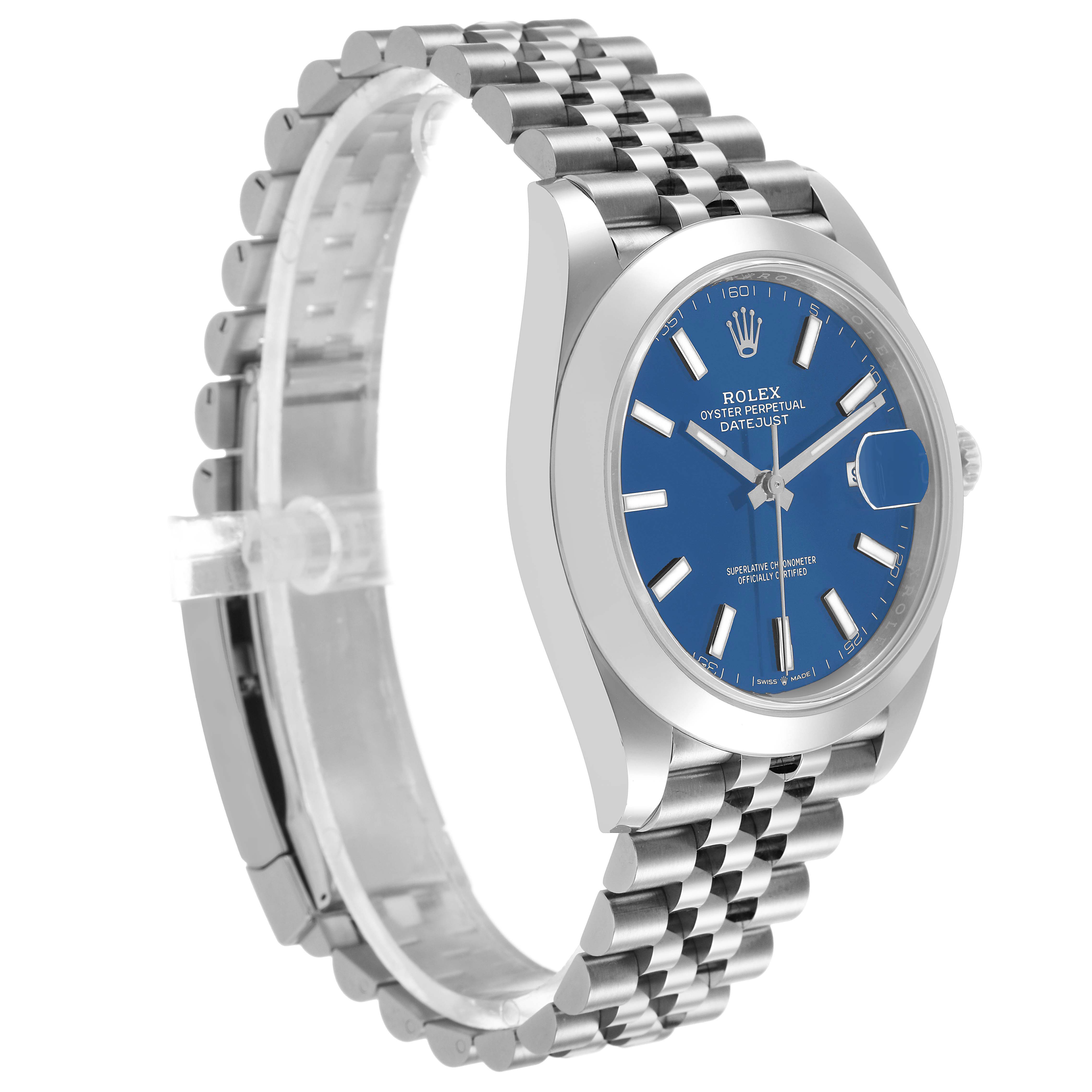 The Rolex Datejust 41 126300 Men's Stainless Steel Blue Dial watch is shown from a front-side angle, displaying its blue dial and metal strap.