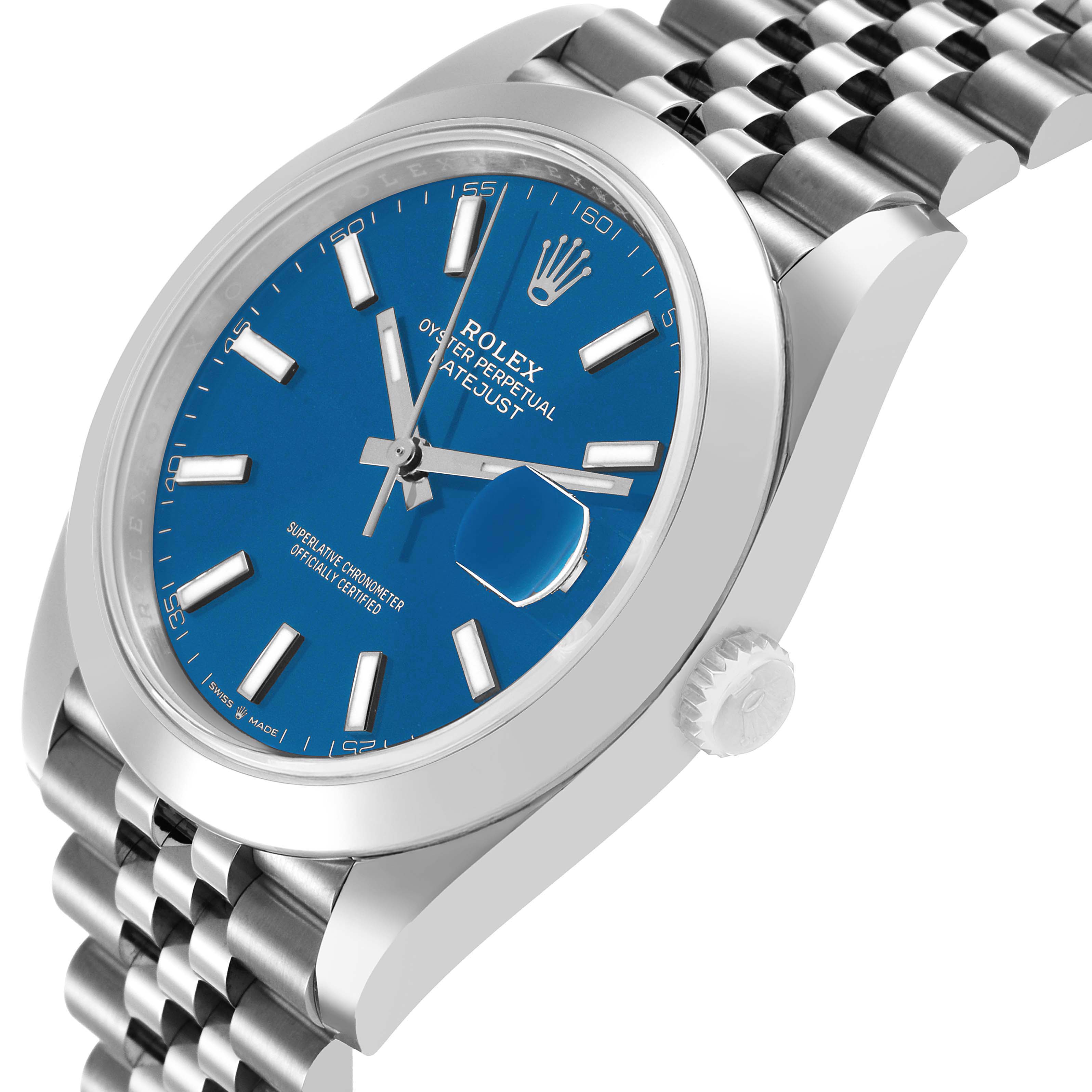 The Rolex Datejust 41 126300 Men's Stainless Steel Blue Dial is shown at a slight angle highlighting the dial, crown, and part of the jubilee bracelet.