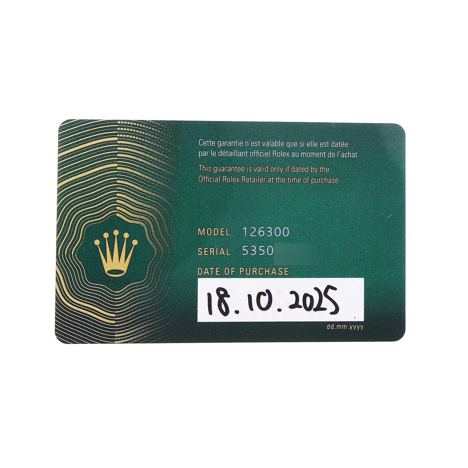 The image shows a guarantee card for the Rolex Datejust 41 126300 Men's Stainless Steel Blue Dial, with the model number and purchase date visible.