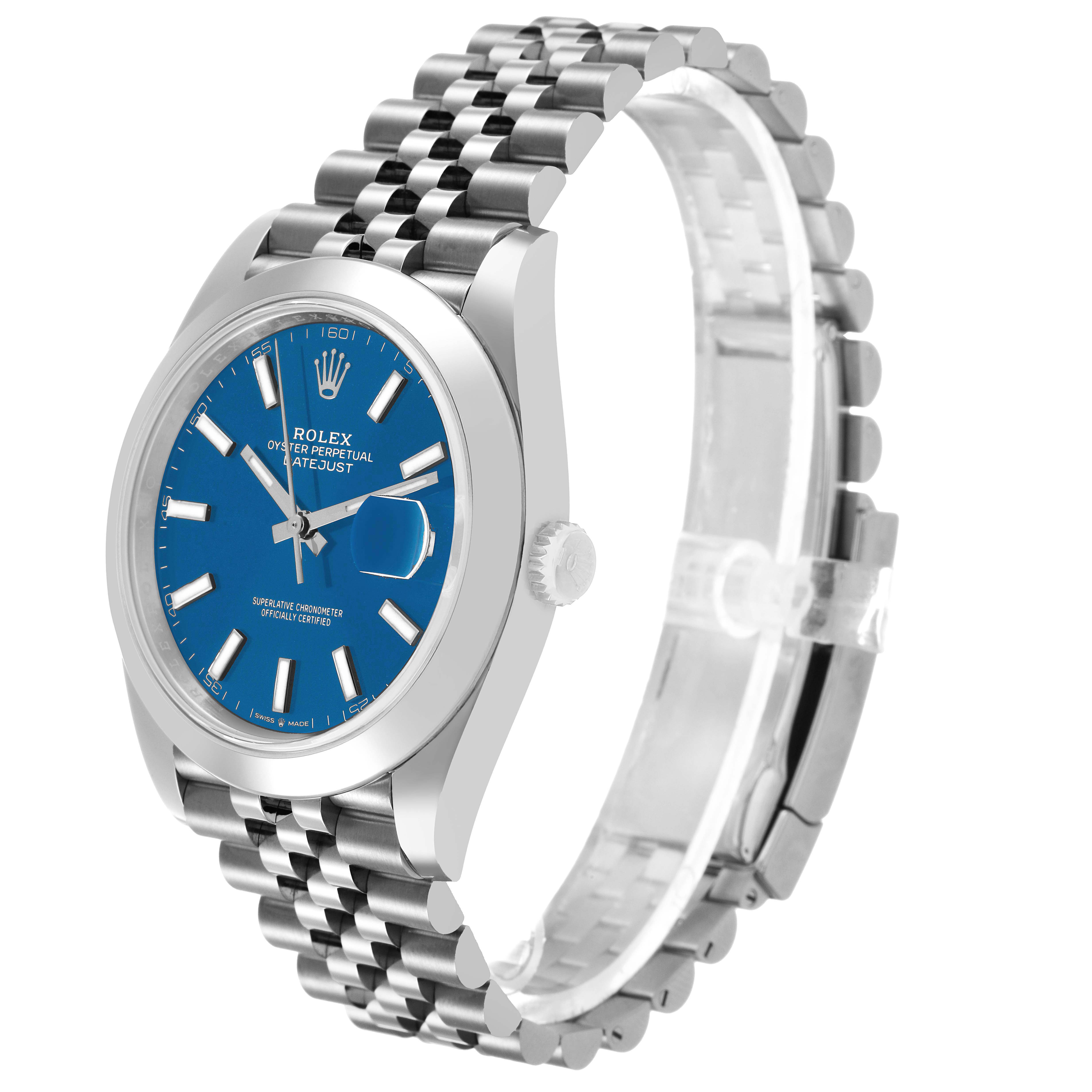 The Rolex Datejust 41 126300 Men's Stainless Steel Blue Dial is shown at an angled side view, highlighting the blue dial, Jubilee bracelet, and crown.