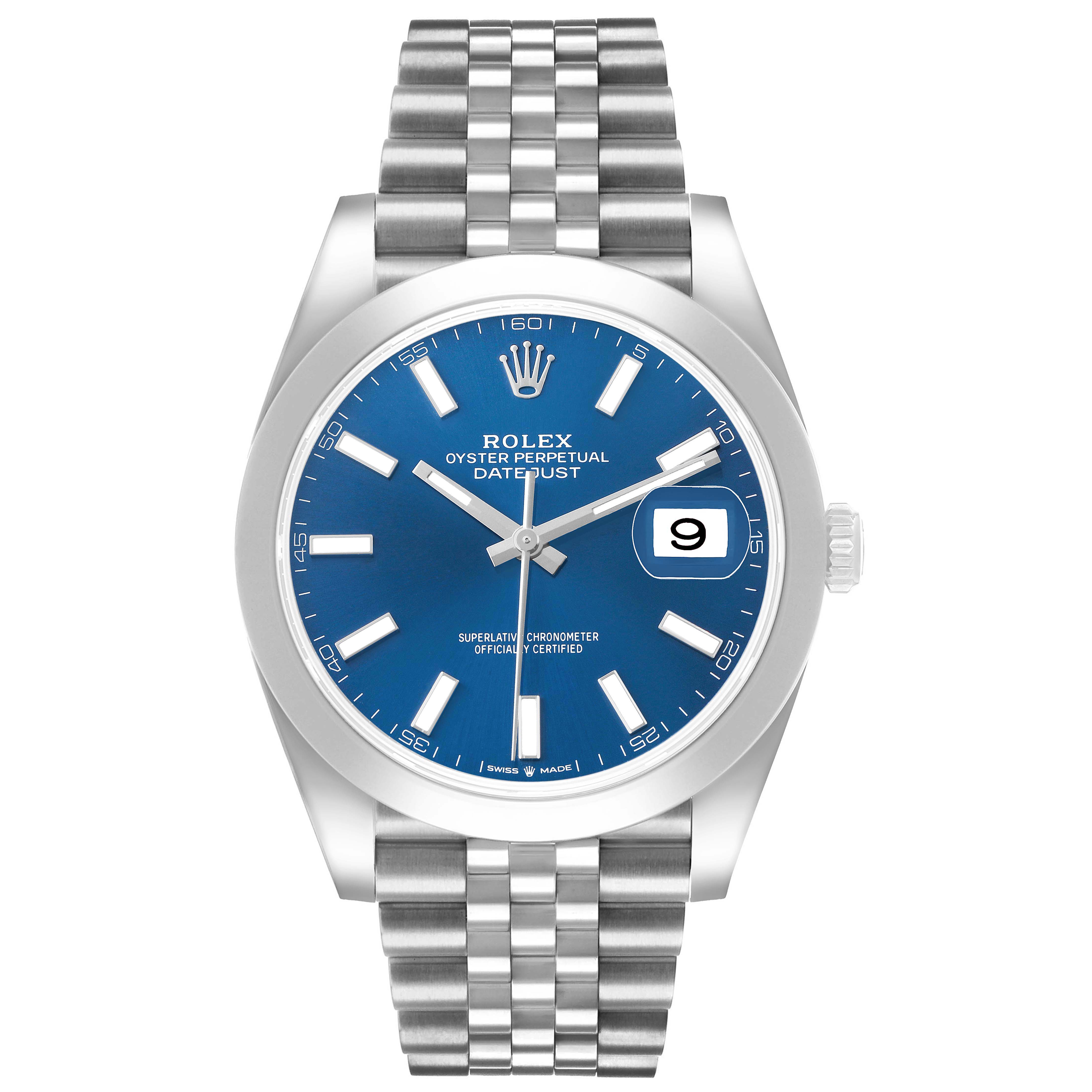 The Rolex Datejust 41 126300 Men's Stainless Steel Blue Dial is shown from the front, highlighting its blue dial, date display, and Jubilee bracelet.