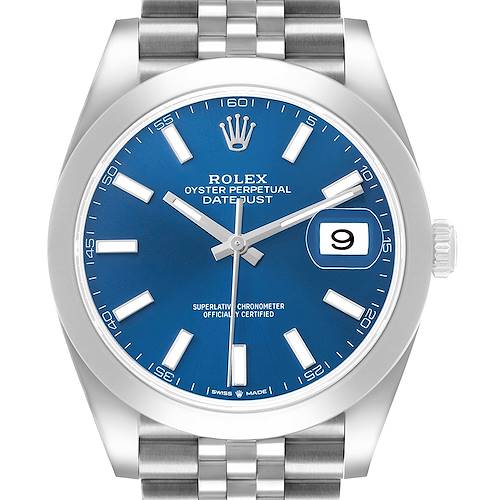 The image shows a front view of the Rolex Datejust 41 126300 Men's Stainless Steel Blue Dial, highlighting the blue dial, hour markers, and date with a cyclops lens.