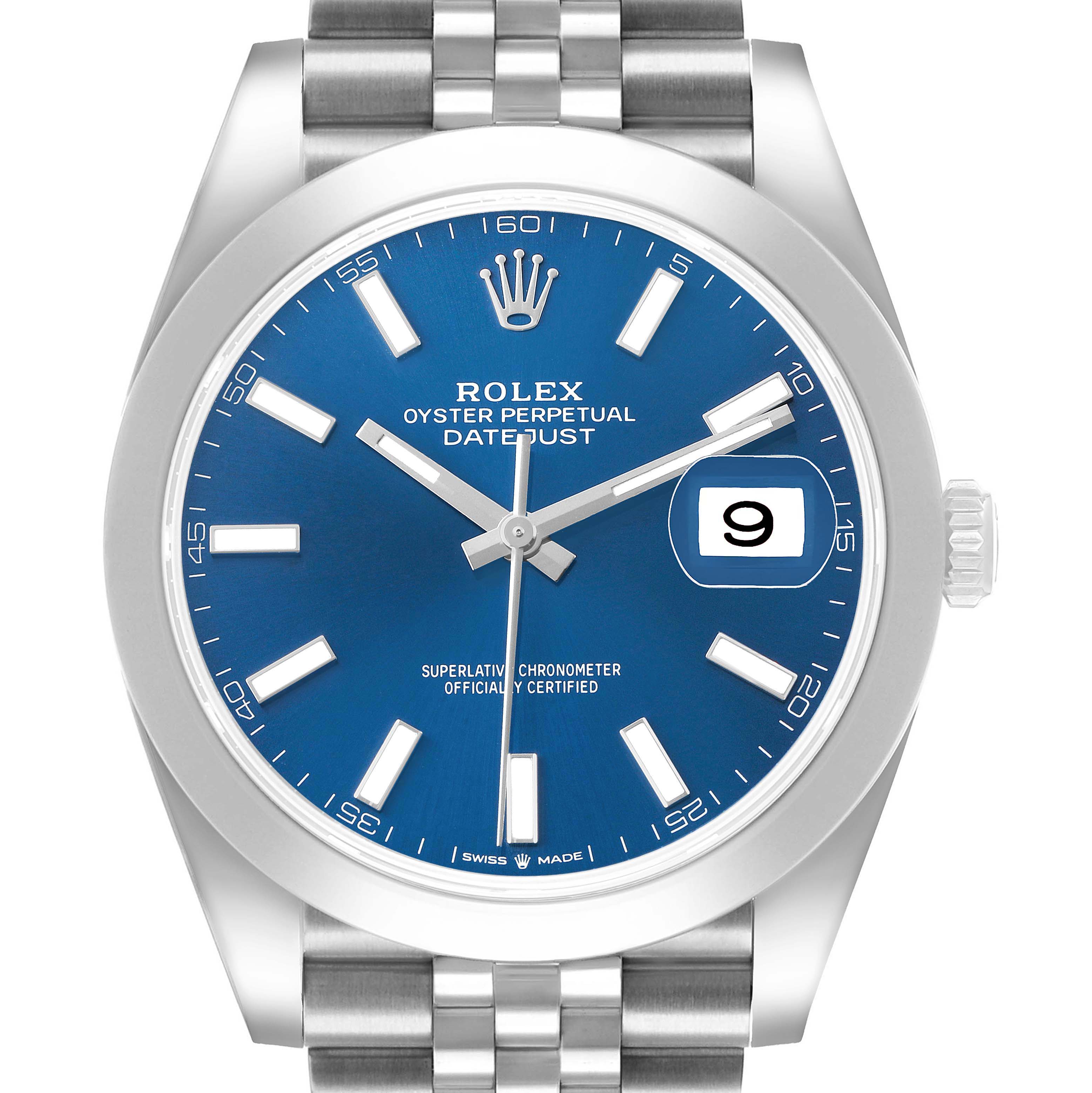 The Rolex Datejust 41 126300 Men's Stainless Steel Blue Dial watch is shown from a frontal angle, highlighting the blue dial, silver indices, and jubilee bracelet.