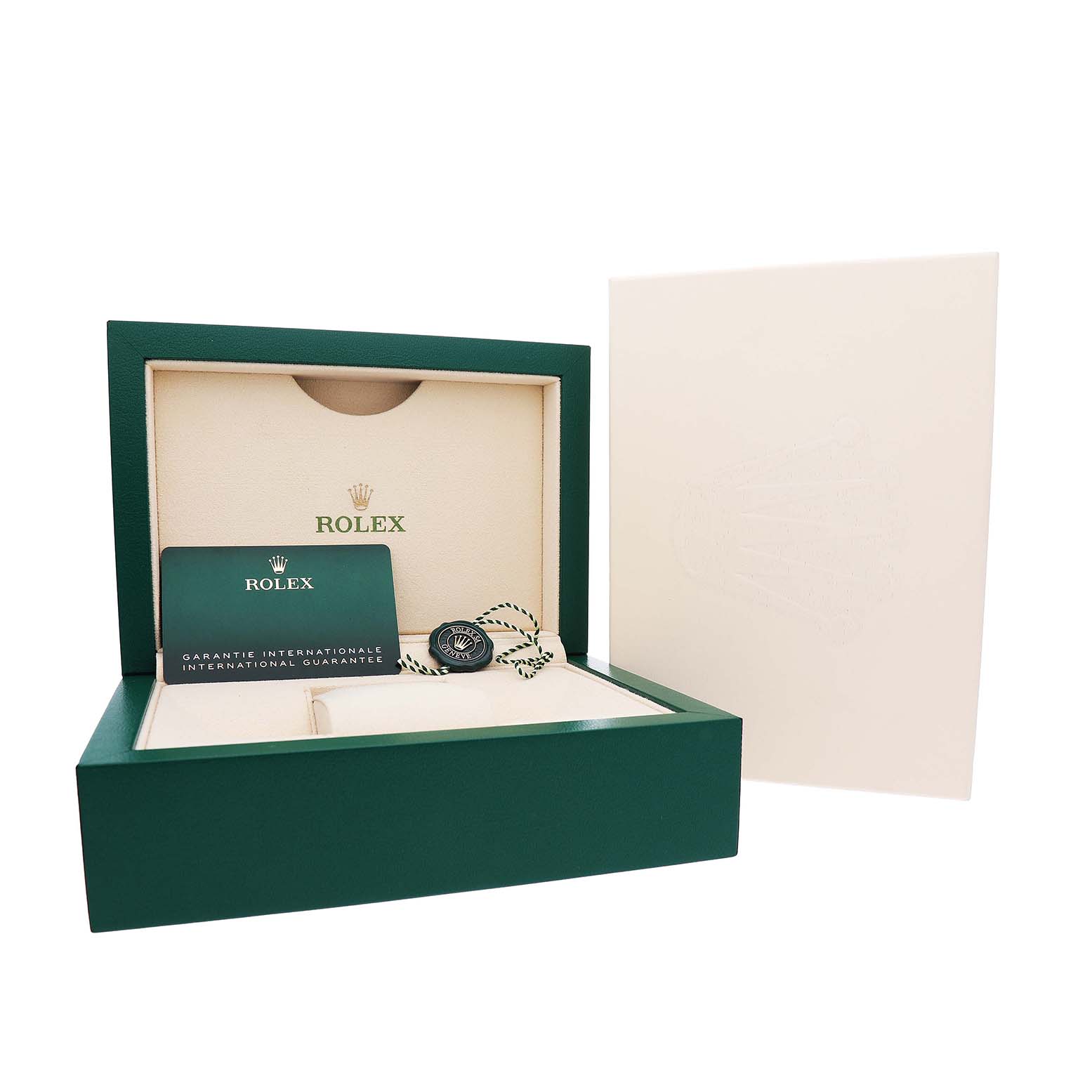 The image shows an open Rolex Datejust 41 126300 Men's Stainless Steel Blue Dial box with a warranty card and hang tag, angled from the front.