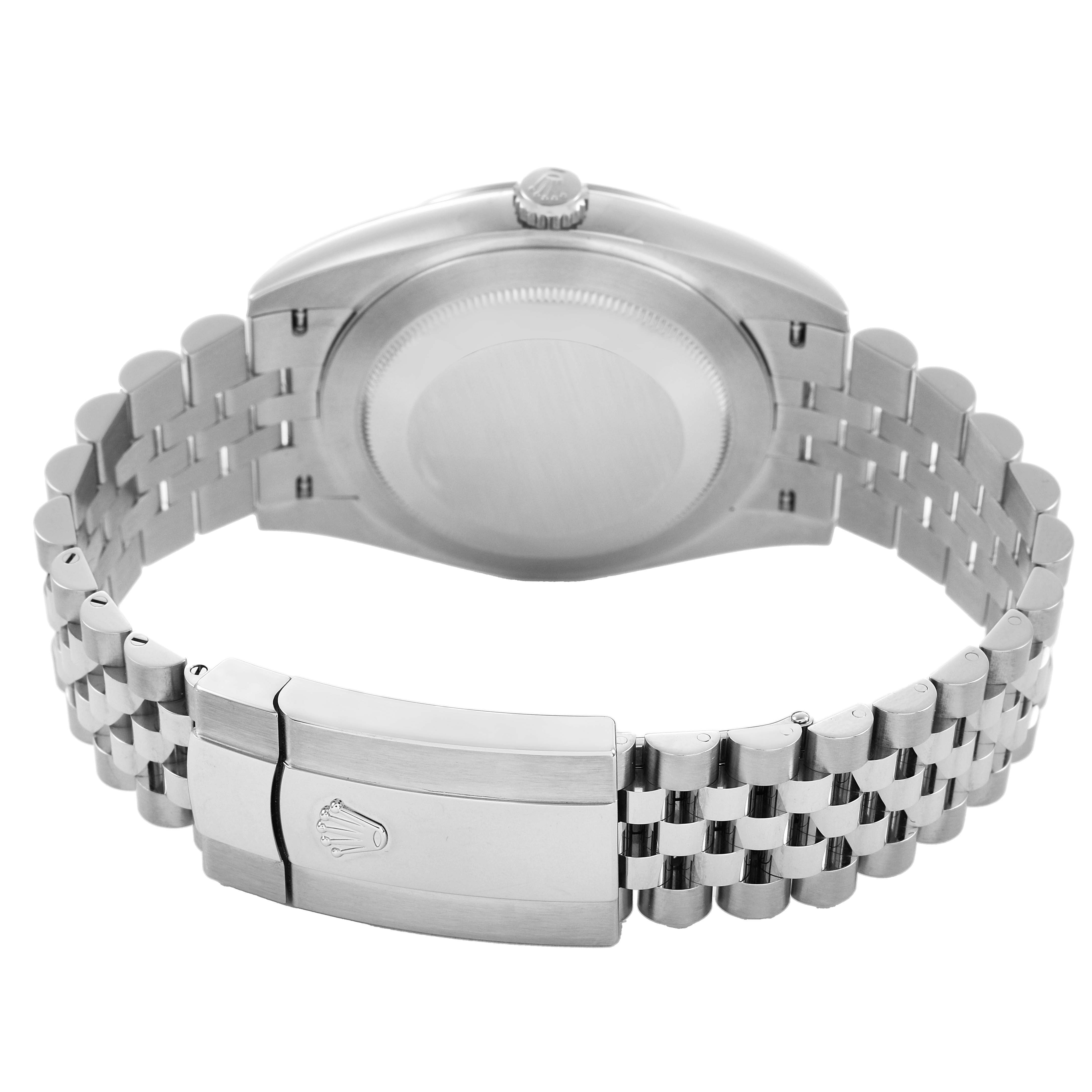 The Rolex Datejust 41 126300 Men's Stainless Steel Blue Dial is shown from the back, featuring the case back, bracelet, and clasp.