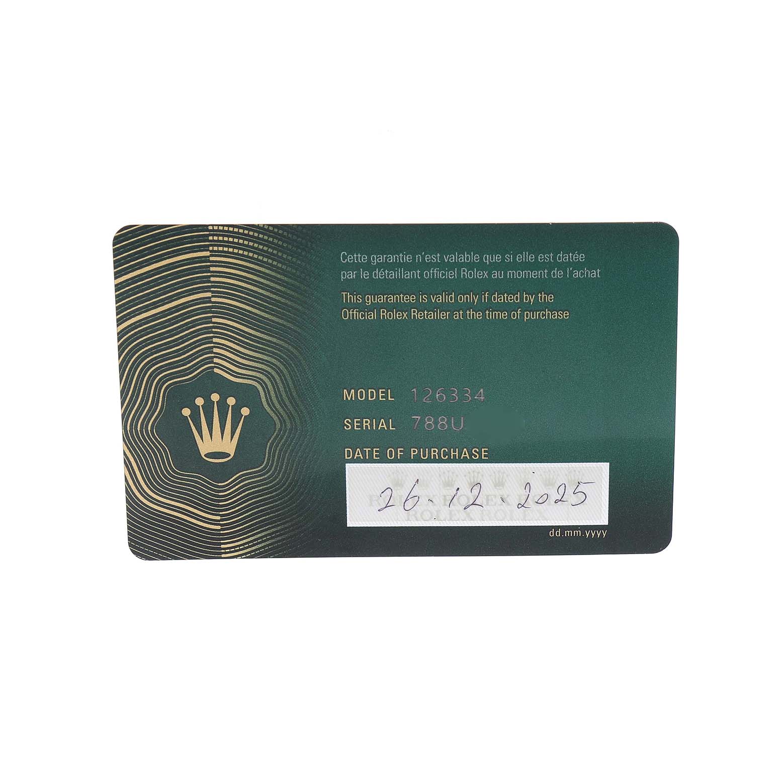 The image shows a warranty card for the Rolex Datejust 41 126334 Men's Stainless Steel Silver Dial, featuring model and serial numbers.