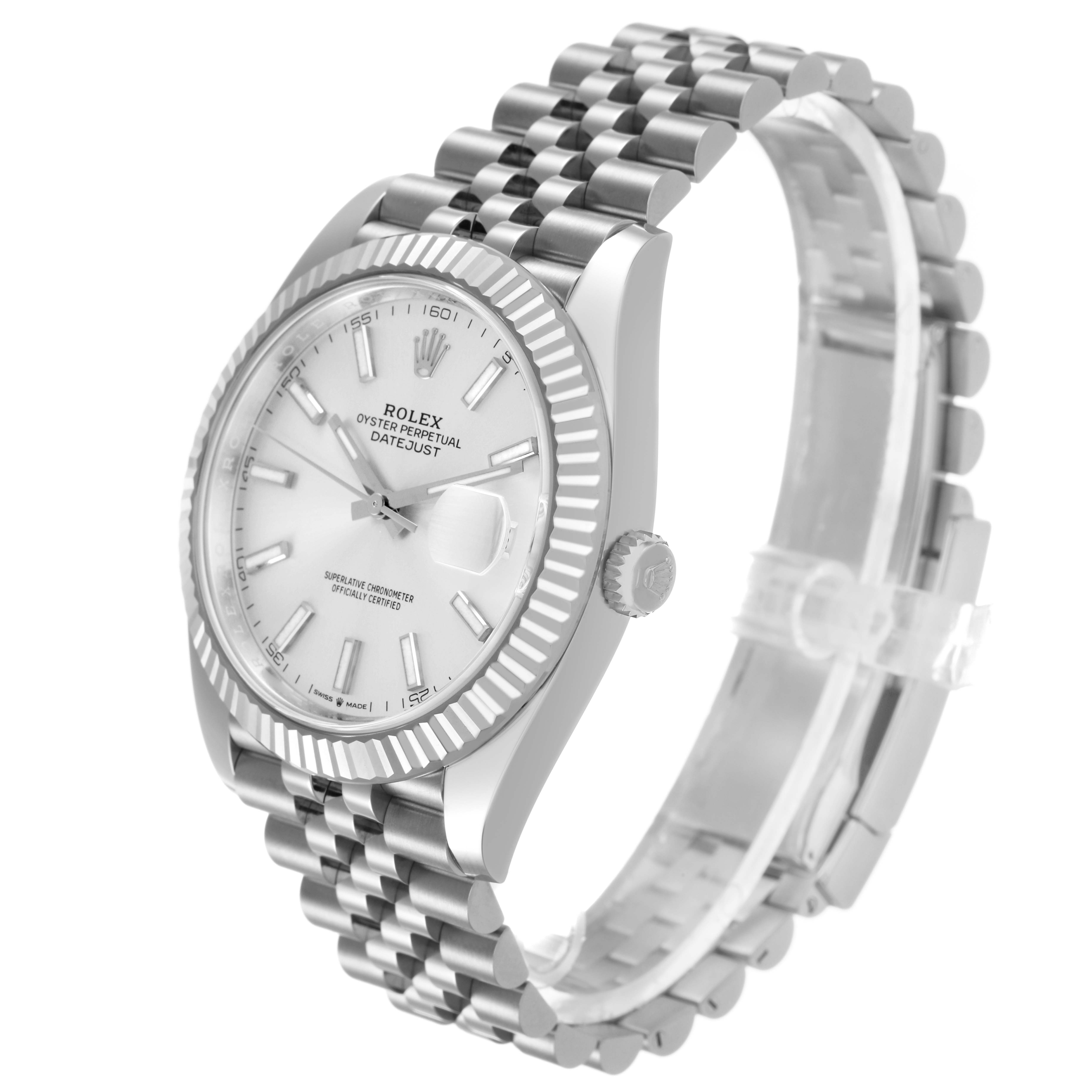 The Rolex Datejust 41 126334 Men's Stainless Steel Silver Dial is shown in a three-quarter angle, highlighting the face, bezel, crown, and bracelet.