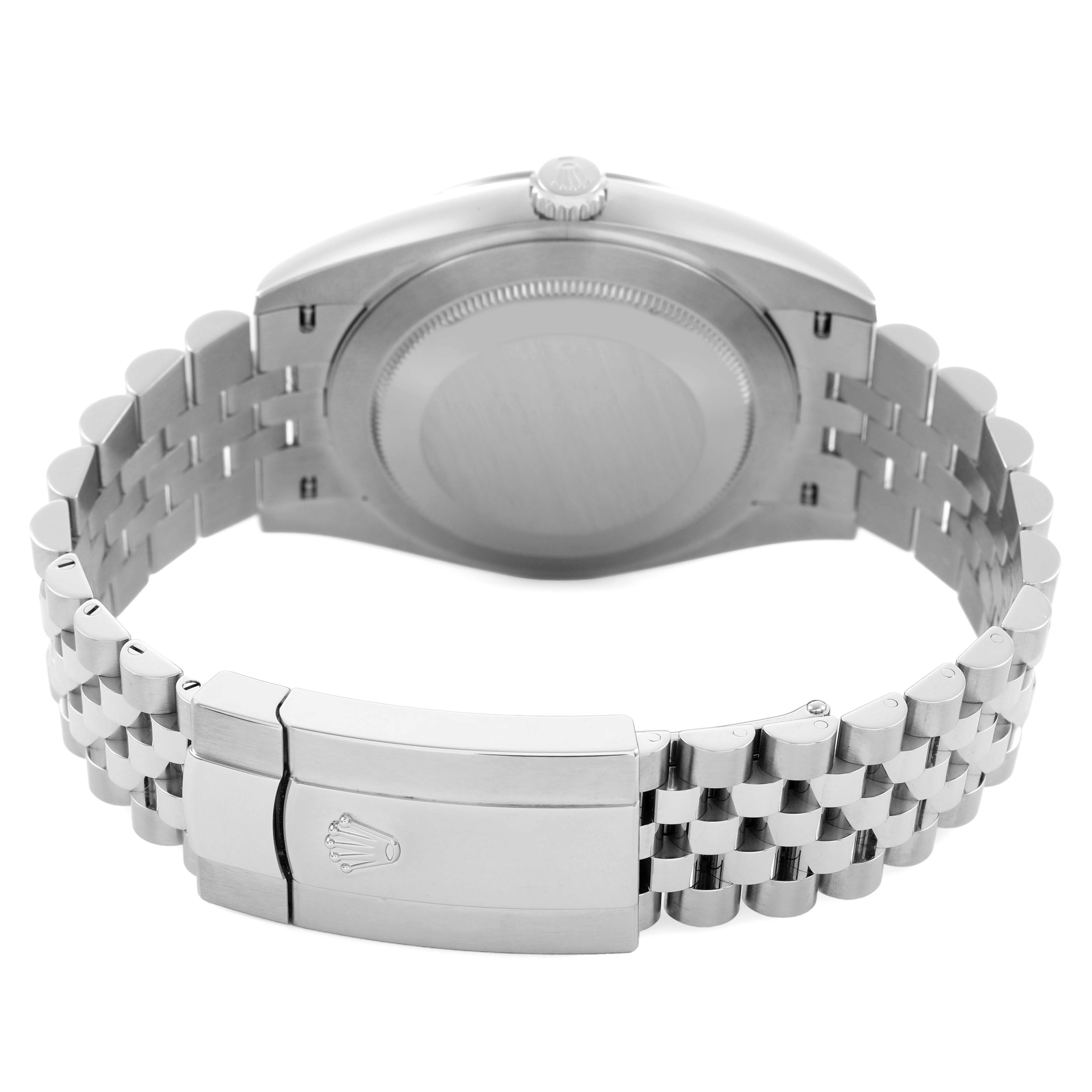 The image shows the back case, crown, and bracelet clasp of the Rolex Datejust 41 126334 Men's Stainless Steel Silver Dial from a rear angle.