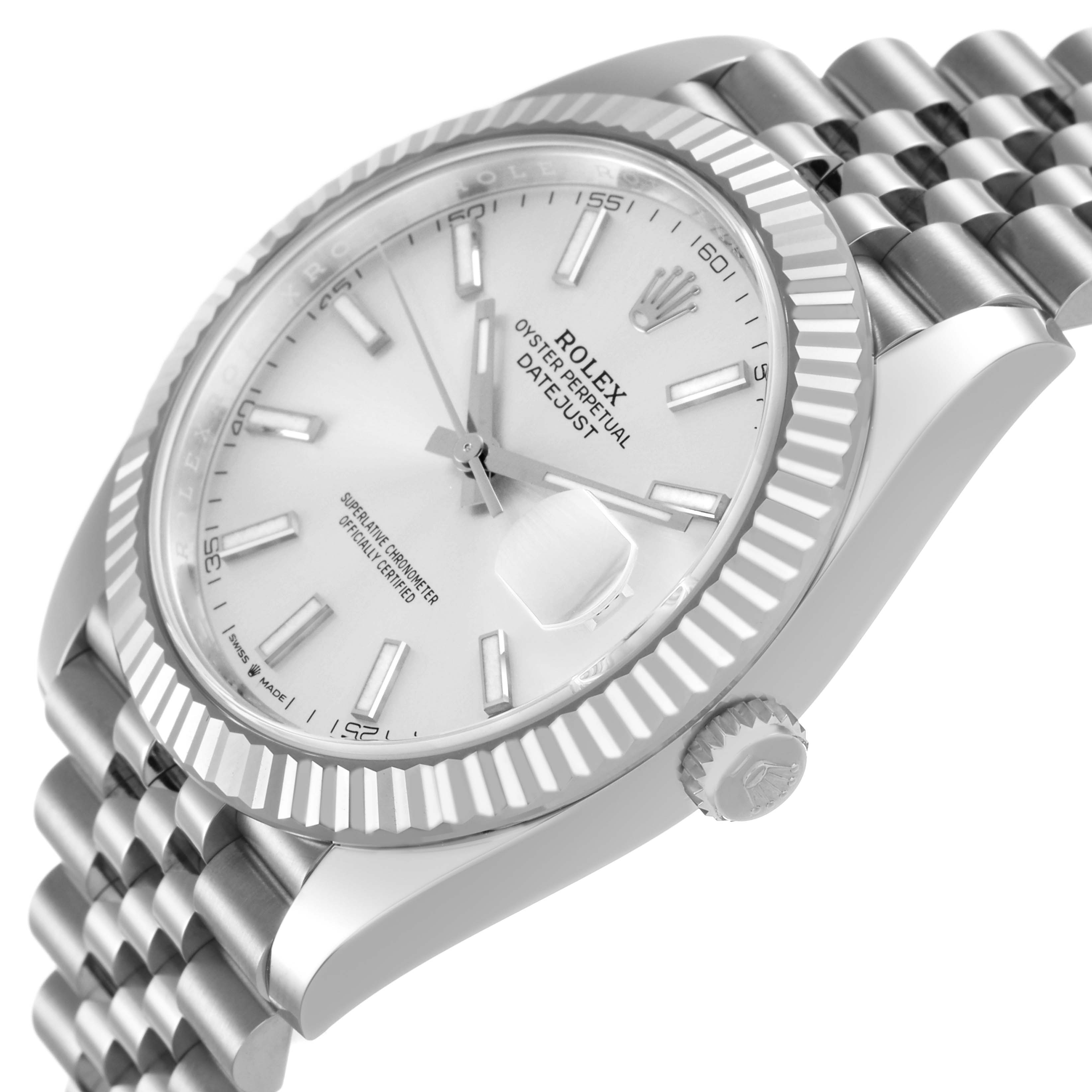 The Rolex Datejust 41 126334 Men's Stainless Steel Silver Dial is shown at an angle highlighting the bezel, crown, dial, and part of the bracelet.