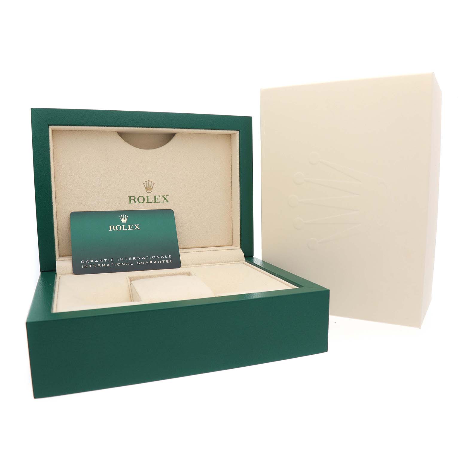 The image shows a Rolex Datejust 41 126334 Men's Stainless Steel Silver Dial box, guarantee card, and outer box from a front angle.