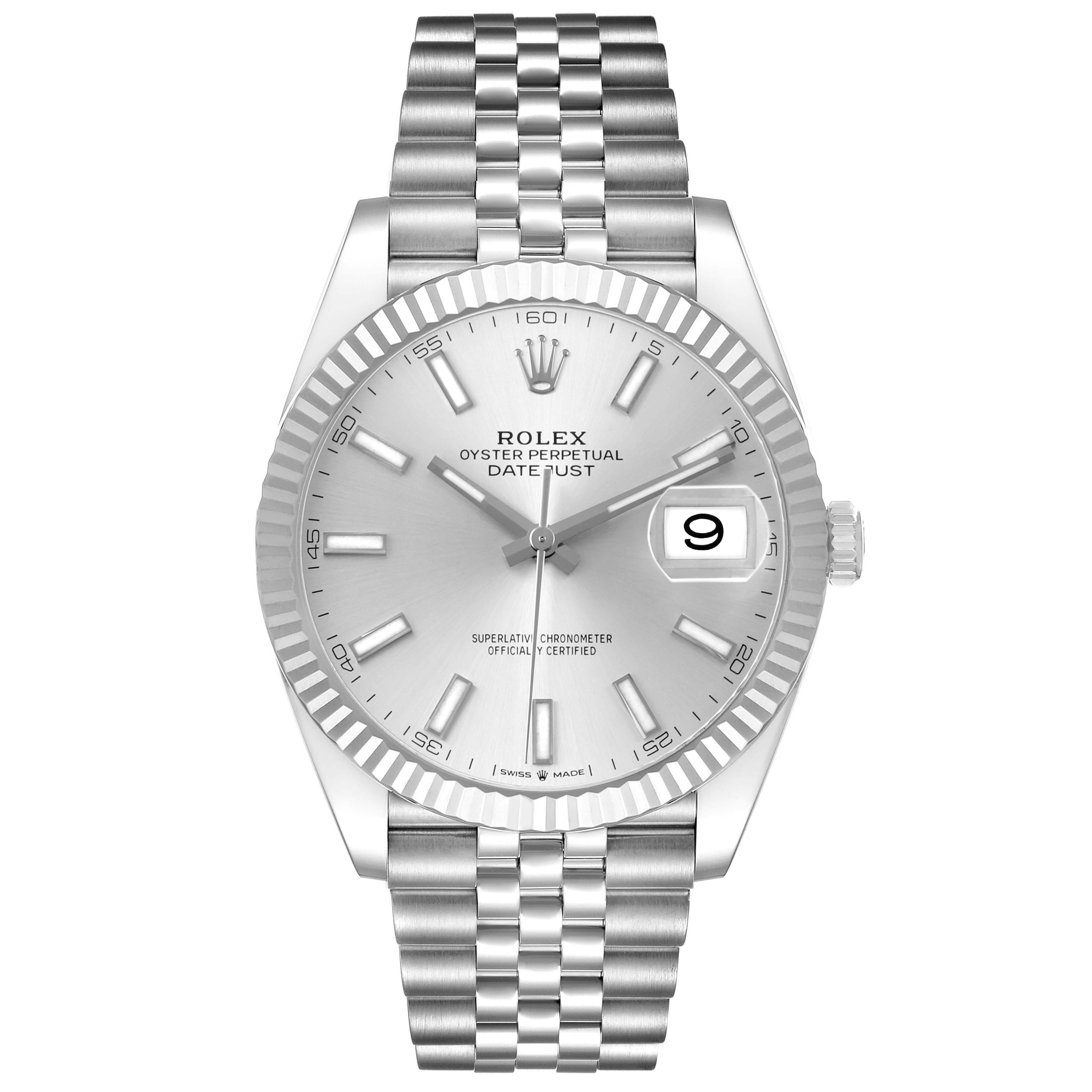 The Rolex Datejust 41 126334 Men's Stainless Steel Silver Dial is shown from the front, highlighting the dial, fluted bezel, and Jubilee bracelet.
