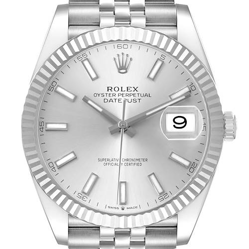The Rolex Datejust 41 126334 Men's Stainless Steel Silver Dial is shown from a top-down angle, highlighting the bezel, dial, hands, and Jubilee bracelet.