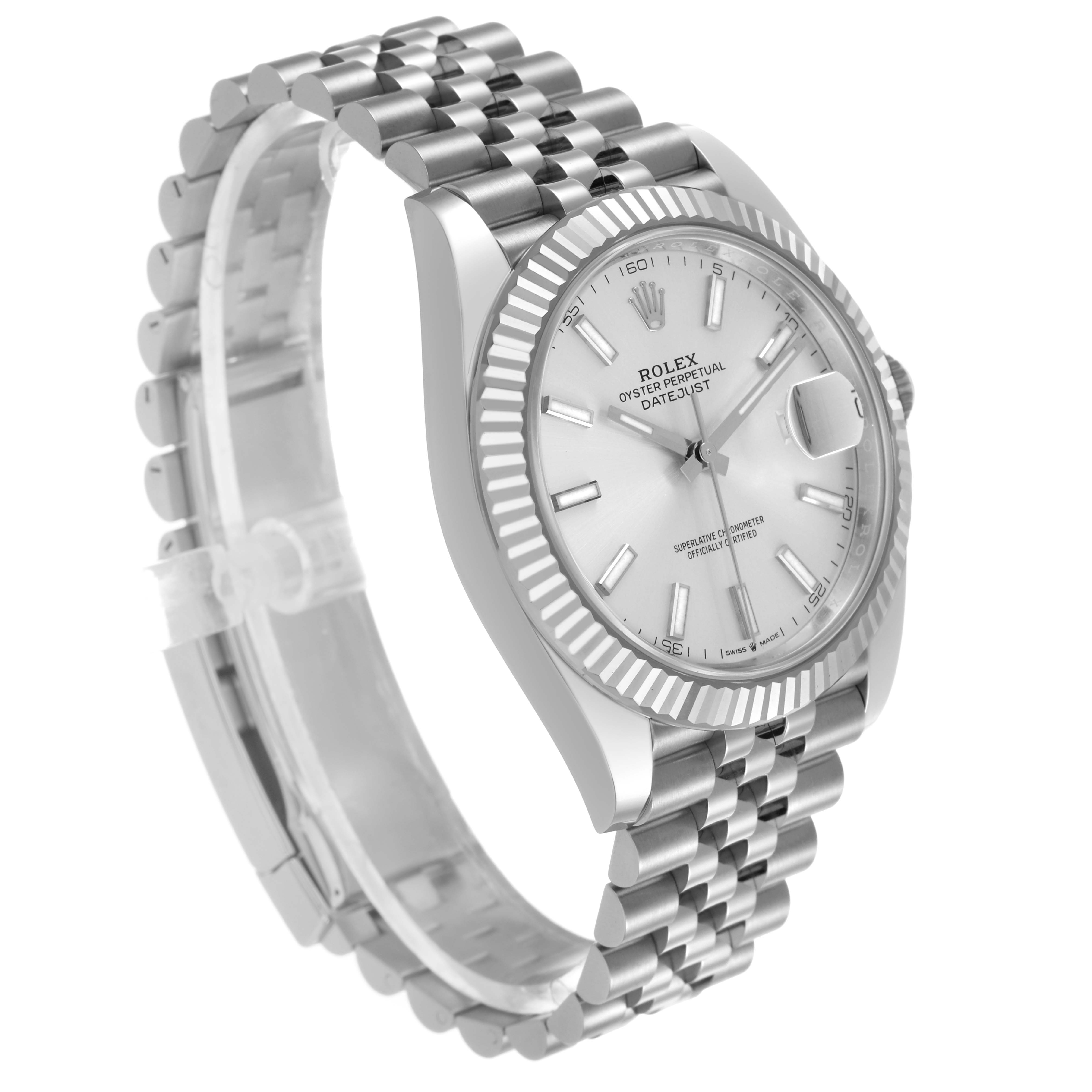 The Rolex Datejust 41 126334 Men's Stainless Steel Silver Dial is shown at a three-quarter angle, highlighting the dial, bezel, and Jubilee bracelet.
