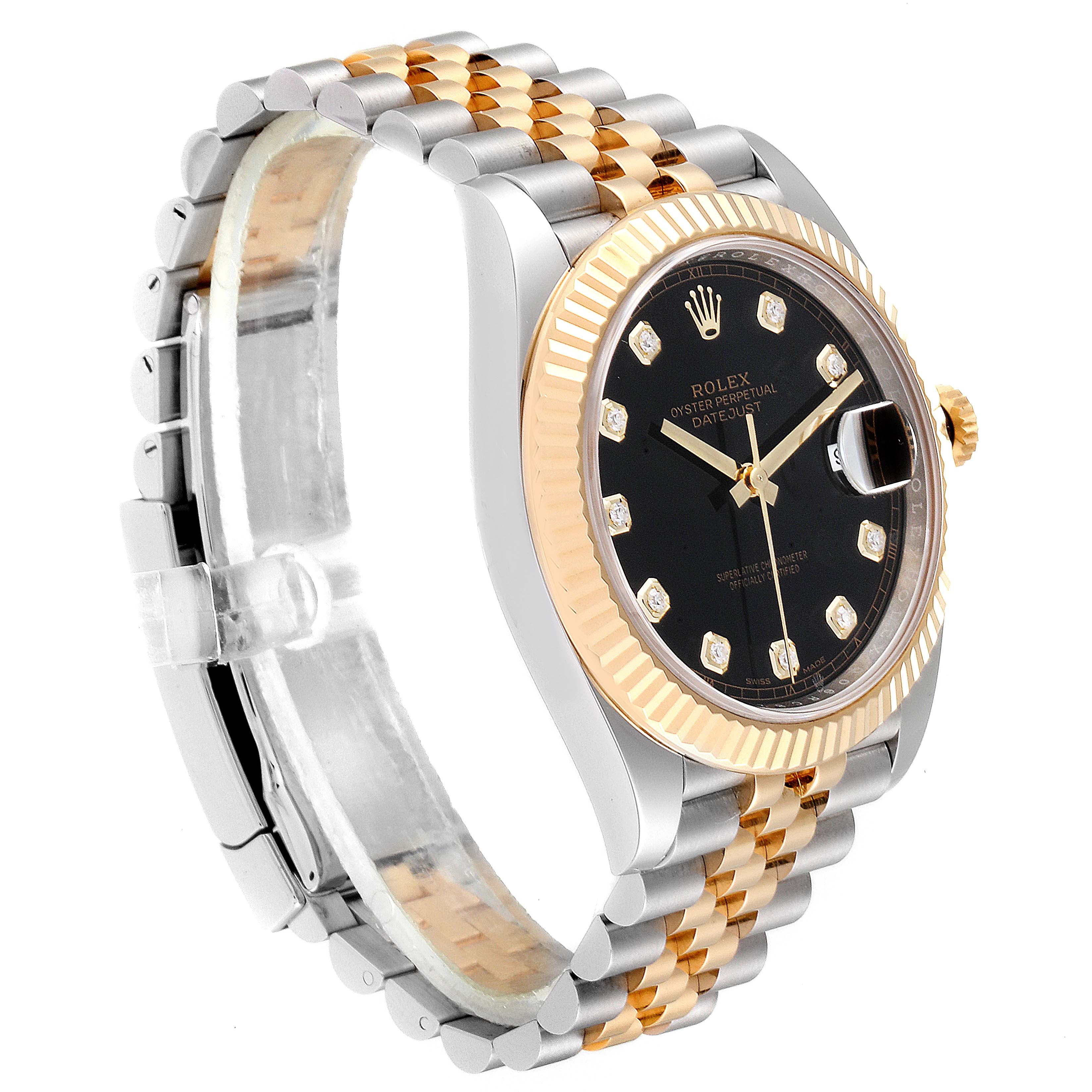 The image shows a side and slightly angled view of a Rolex Datejust 126333 Men's Steel and Gold (two tone) Black Dial 126333 Men's Steel and Gold (two tone) Black Dial watch, highlighting its black dial, fluted bezel, and two-tone bracelet.
